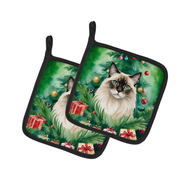 Buy this Balinese Cat By the Christmas Tree Pair of Pot Holders