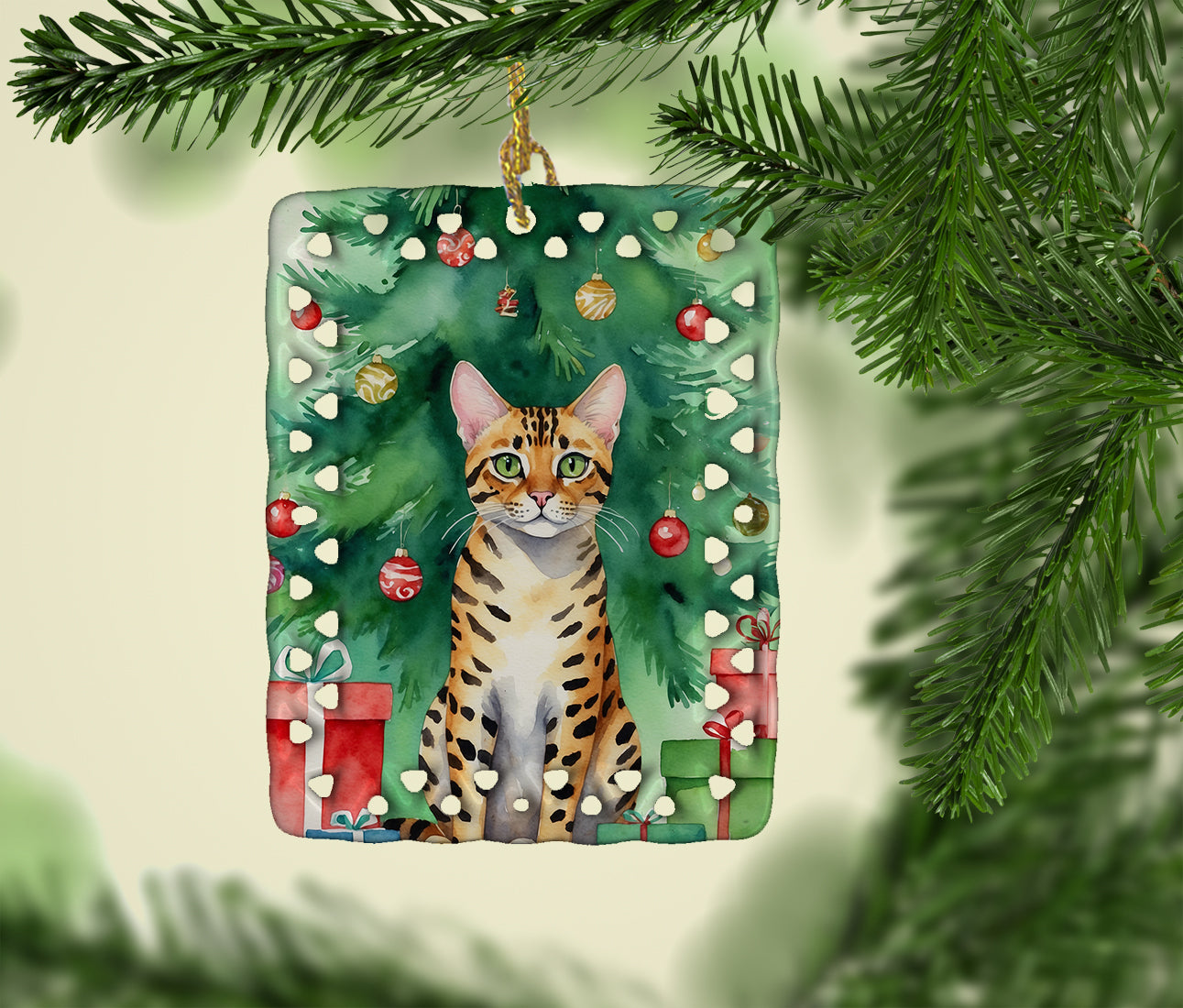 Buy this Bengal Cat By the Christmas Tree Porcelain Ornament