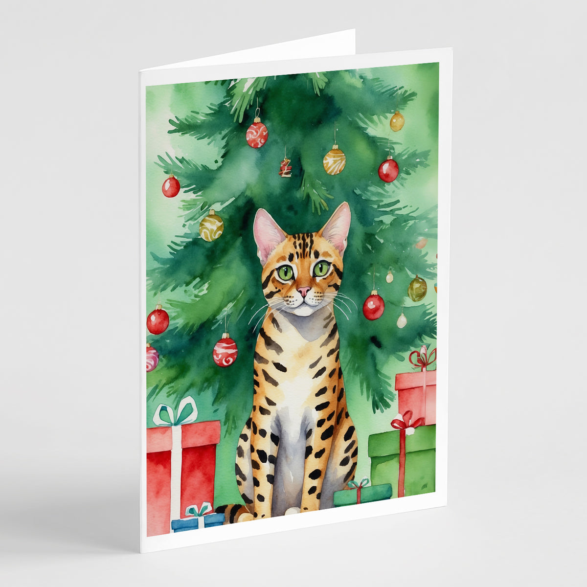 Buy this Bengal Cat By the Christmas Tree Greeting Cards Pack of 8