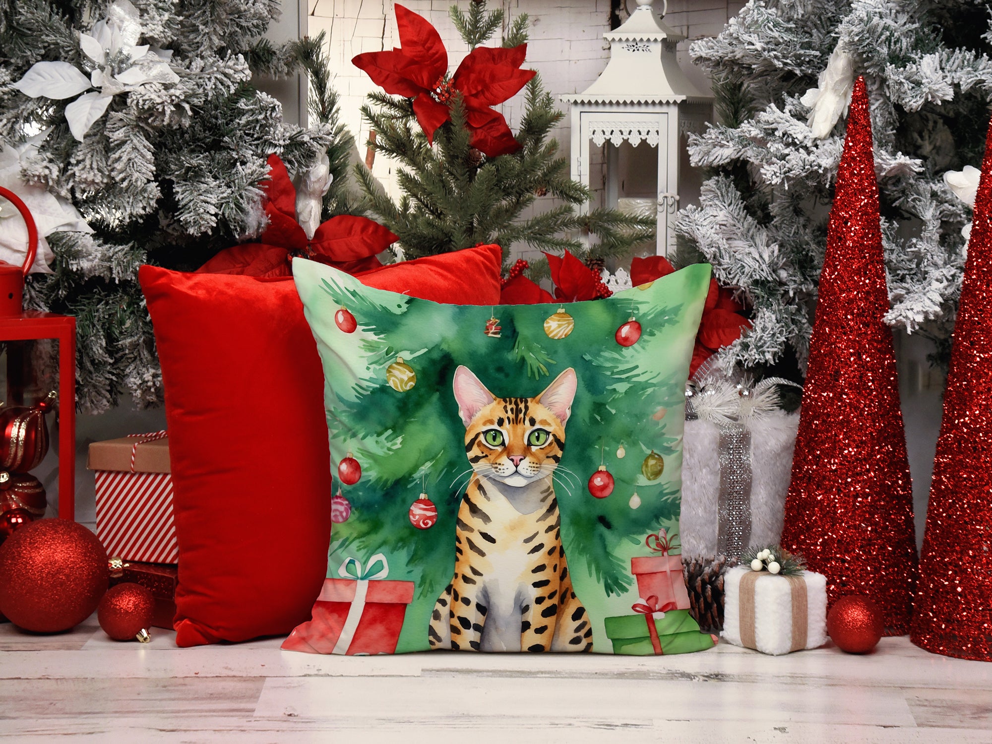 Bengal Cat By the Christmas Tree Throw Pillow