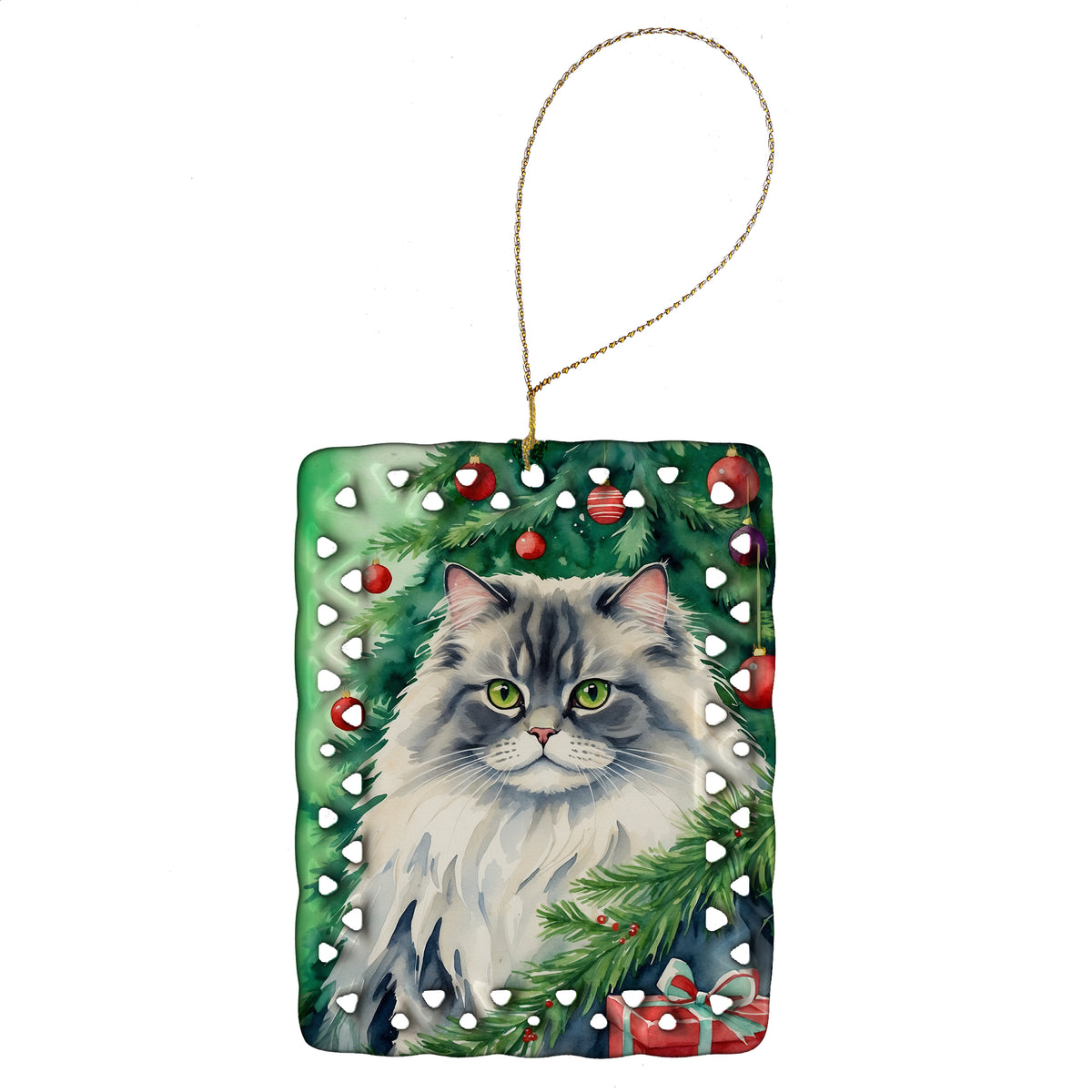 Buy this British Longhair Cat By the Christmas Tree Porcelain Ornament