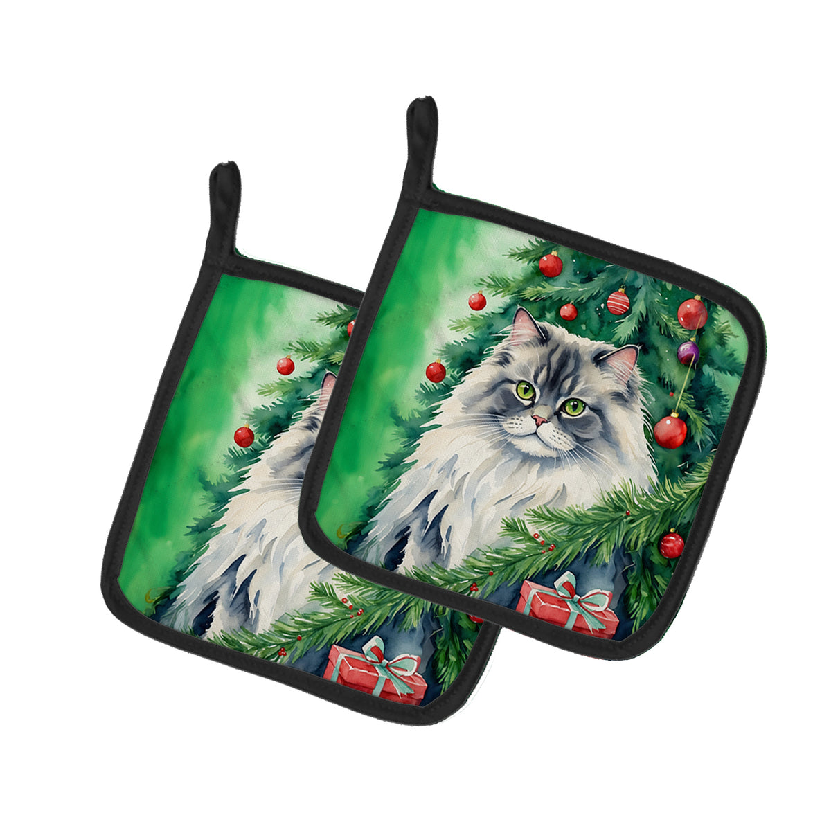 Buy this British Longhair Cat By the Christmas Tree Pair of Pot Holders