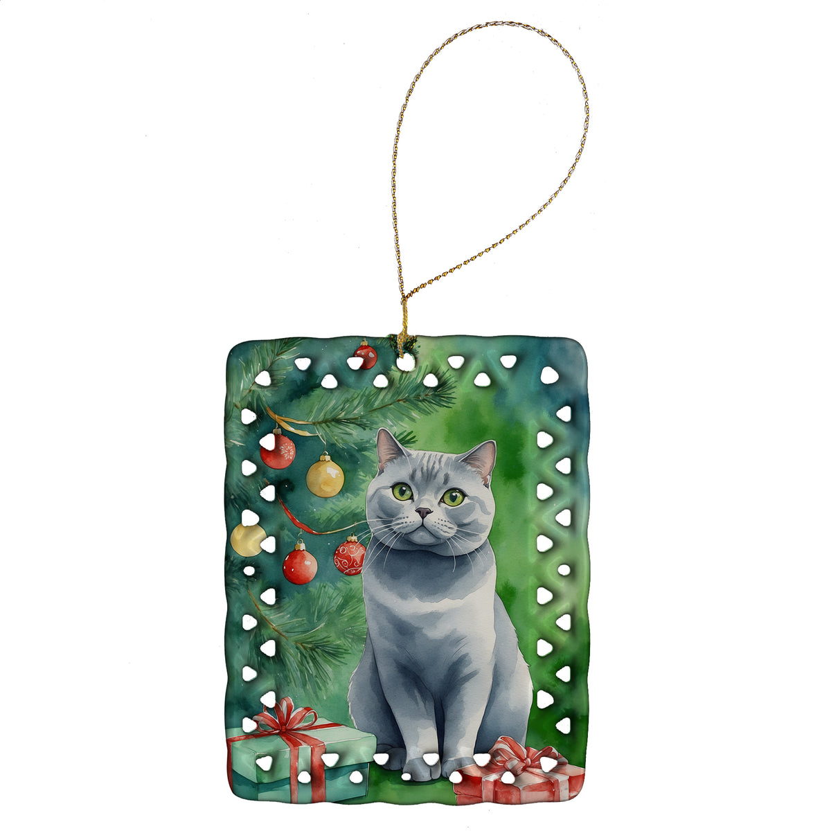 Buy this British Shorthair Cat By the Christmas Tree Porcelain Ornament