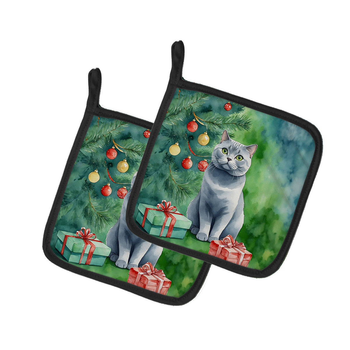 Buy this British Shorthair Cat By the Christmas Tree Pair of Pot Holders