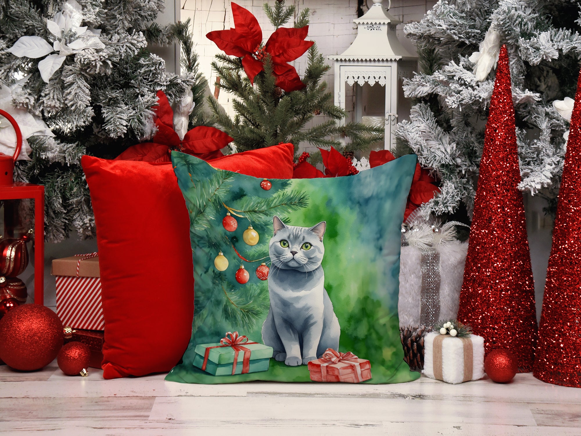 British Shorthair Cat By the Christmas Tree Throw Pillow