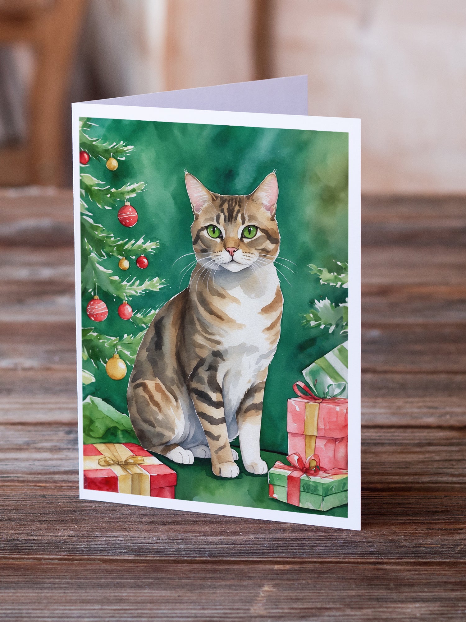 Buy this California Spangled Cat By the Christmas Tree Greeting Cards Pack of 8