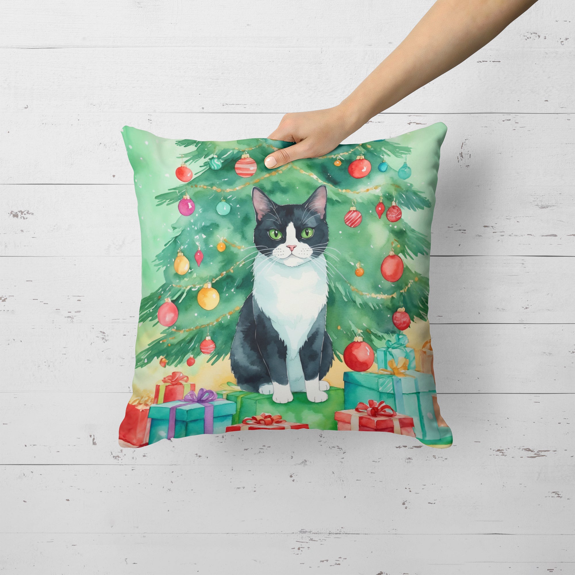 Chantilly Tiffany Cat By the Christmas Tree Throw Pillow