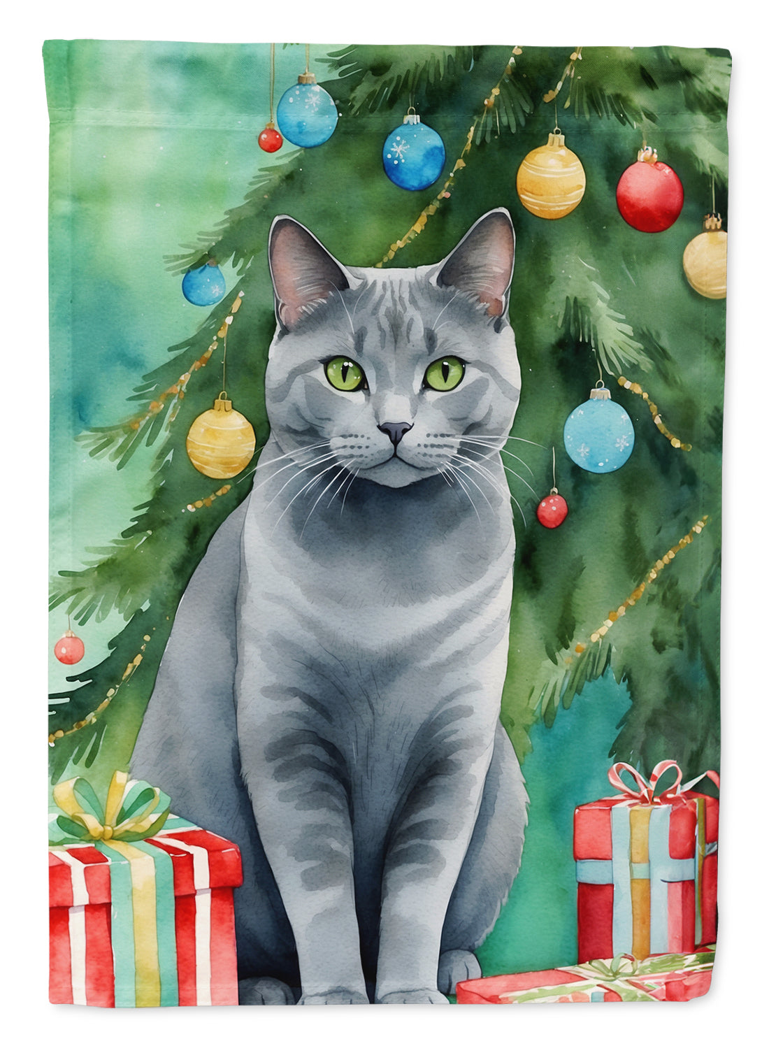 Buy this Chartreux Cat By the Christmas Tree House Flag