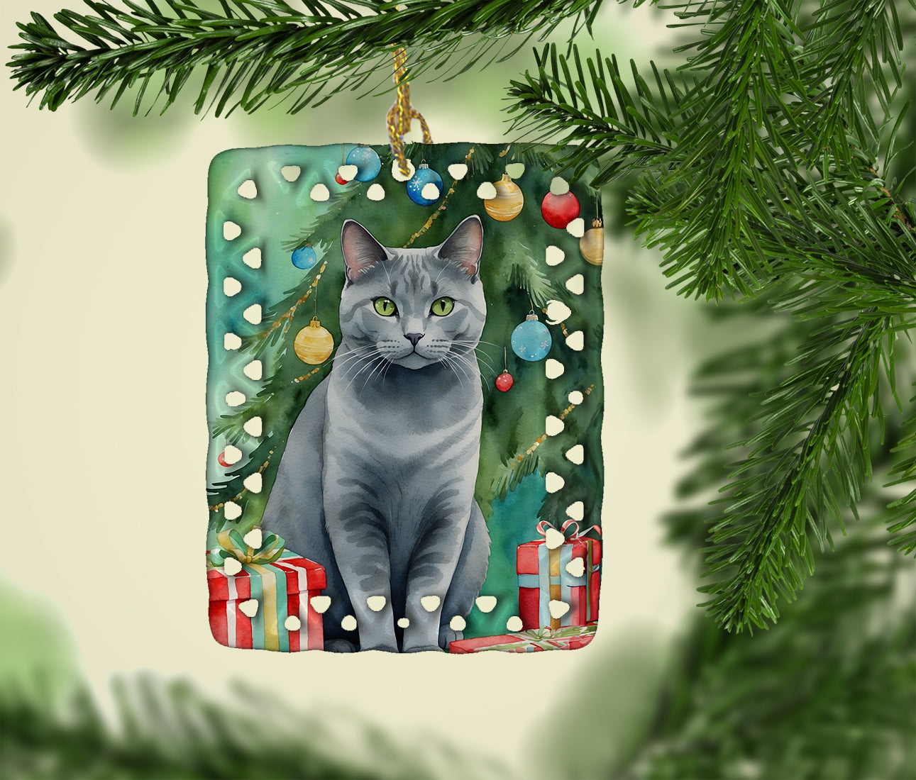 Chartreux Cat By the Christmas Tree Porcelain Ornament