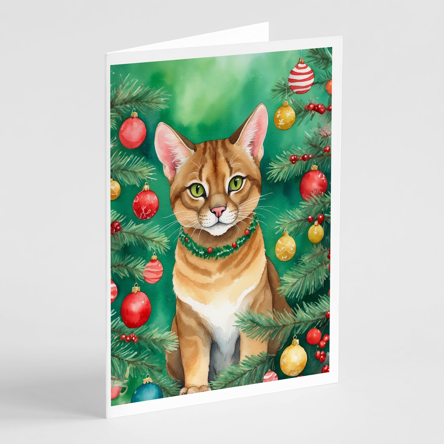 Buy this Chausie Cat By the Christmas Tree Greeting Cards Pack of 8