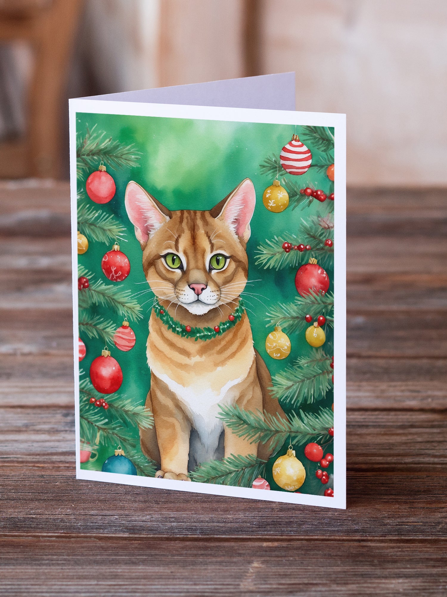 Buy this Chausie Cat By the Christmas Tree Greeting Cards Pack of 8