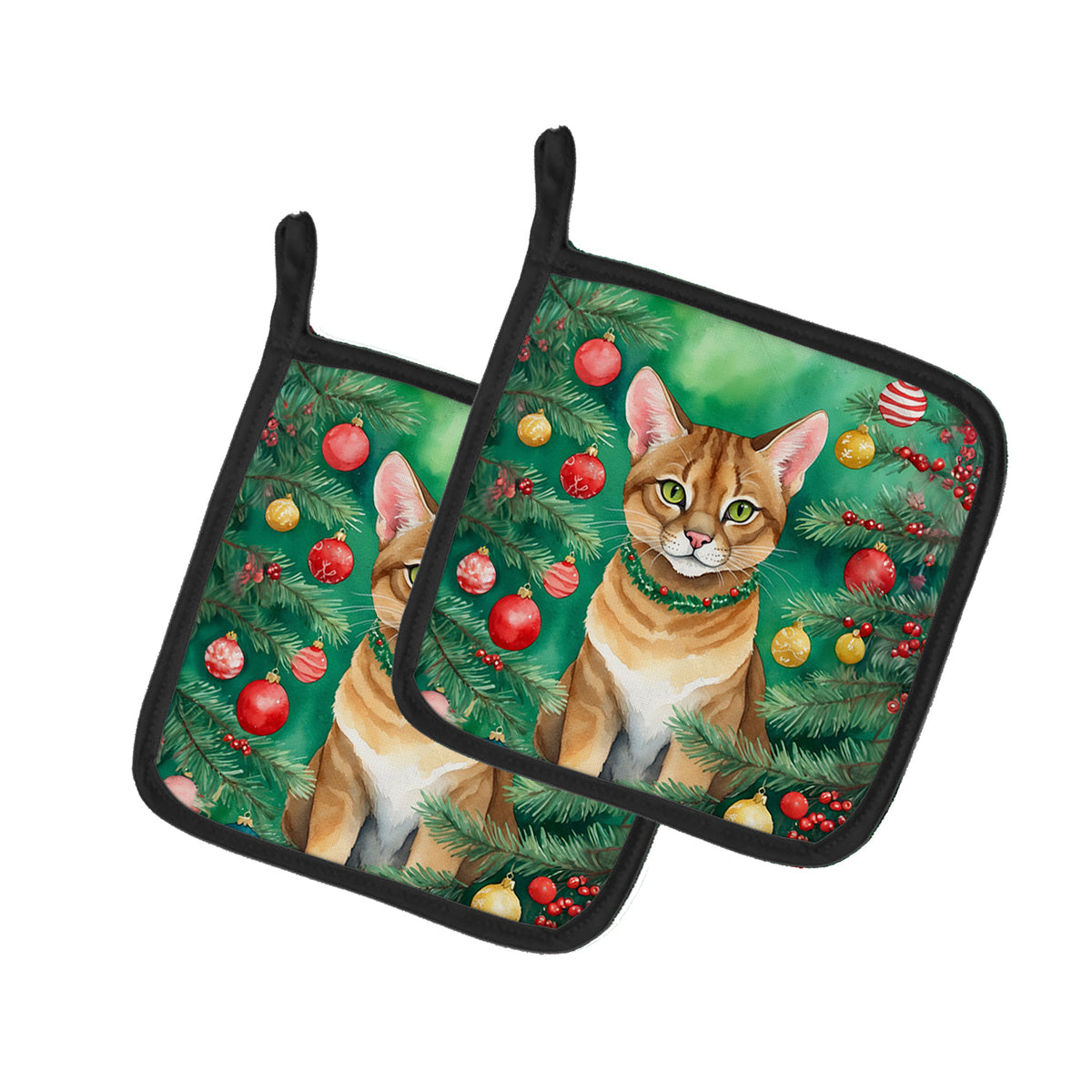 Buy this Chausie Cat By the Christmas Tree Pair of Pot Holders