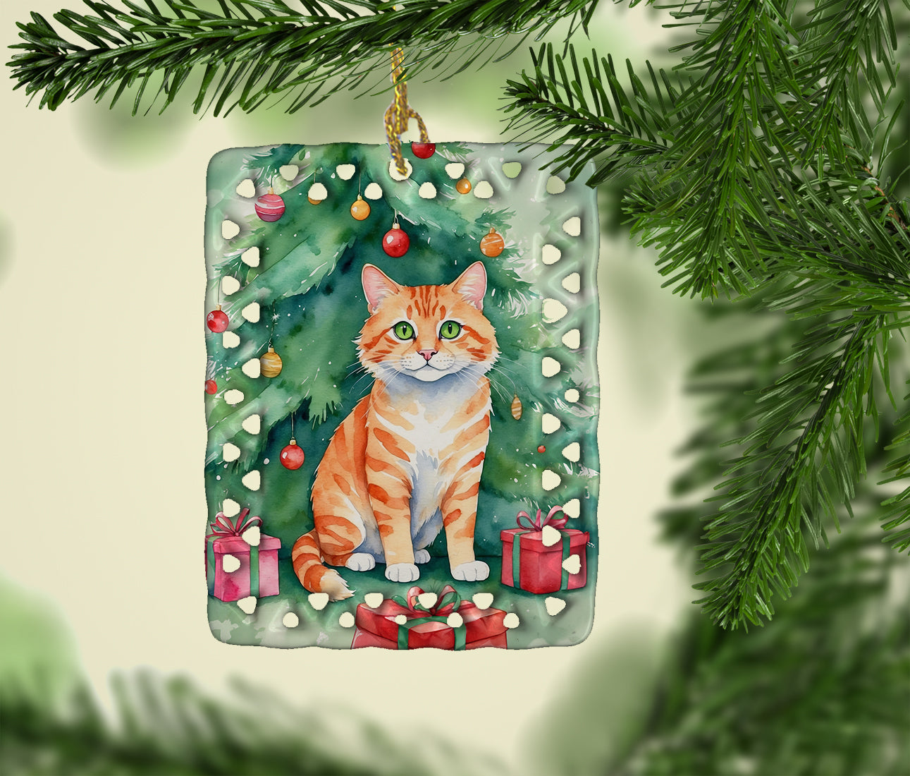 Buy this Cheetoh Cat By the Christmas Tree Porcelain Ornament