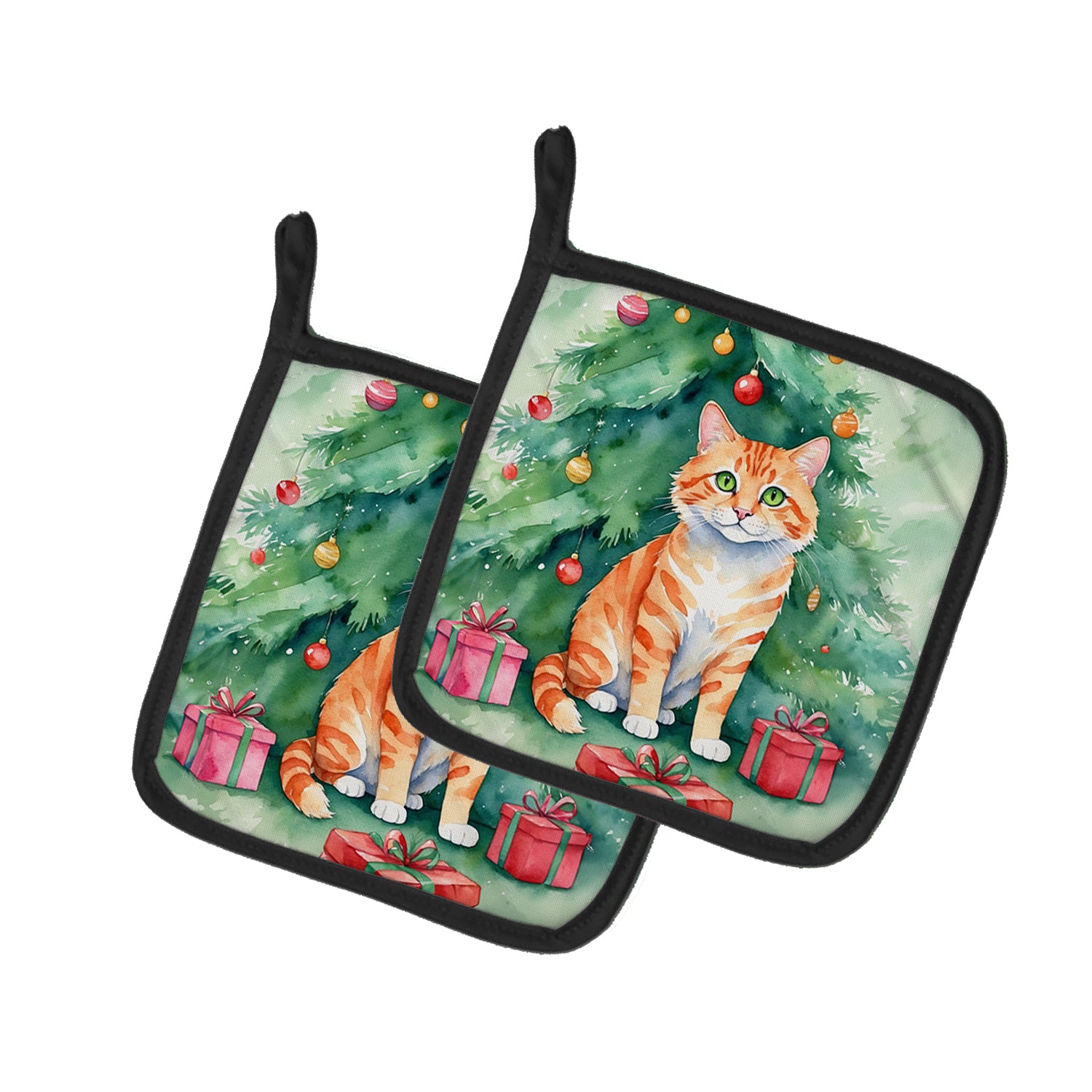 Buy this Cheetoh Cat By the Christmas Tree Pair of Pot Holders