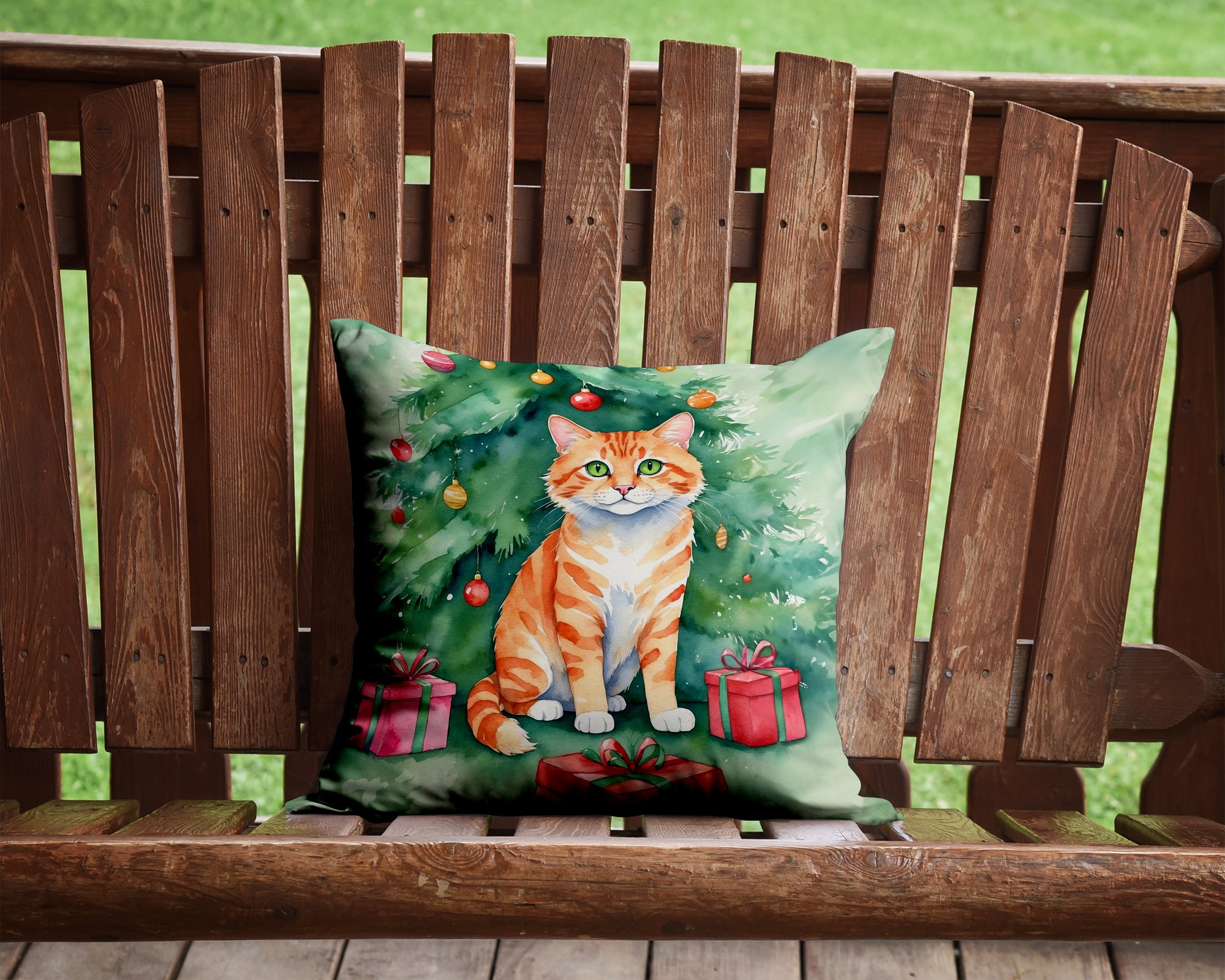 Cheetoh Cat By the Christmas Tree Throw Pillow