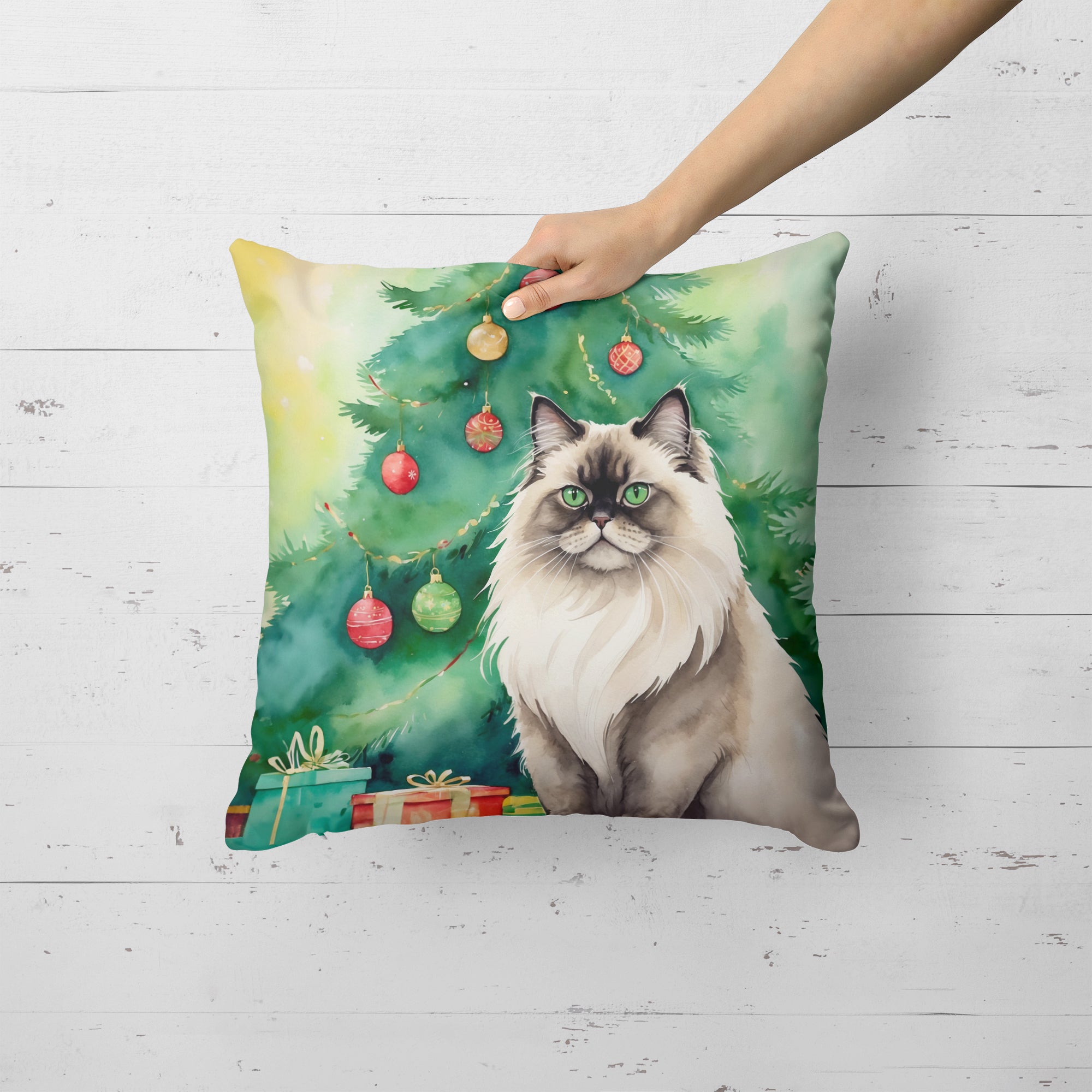 Colorpoint Longhair Cat By the Christmas Tree Throw Pillow