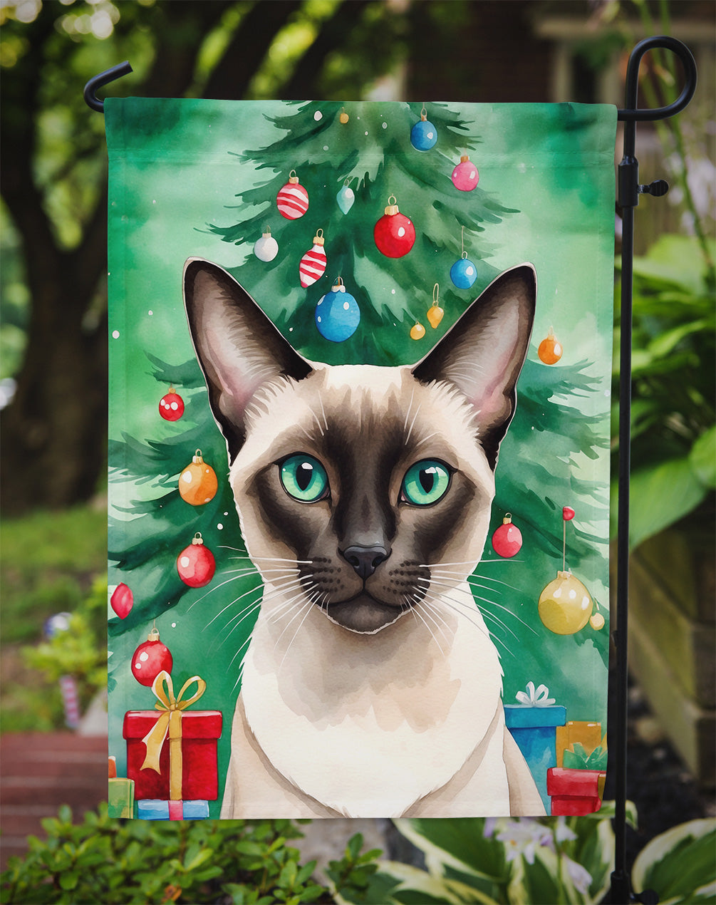 Colorpoint Shorthair Cat By the Christmas Tree Garden Flag