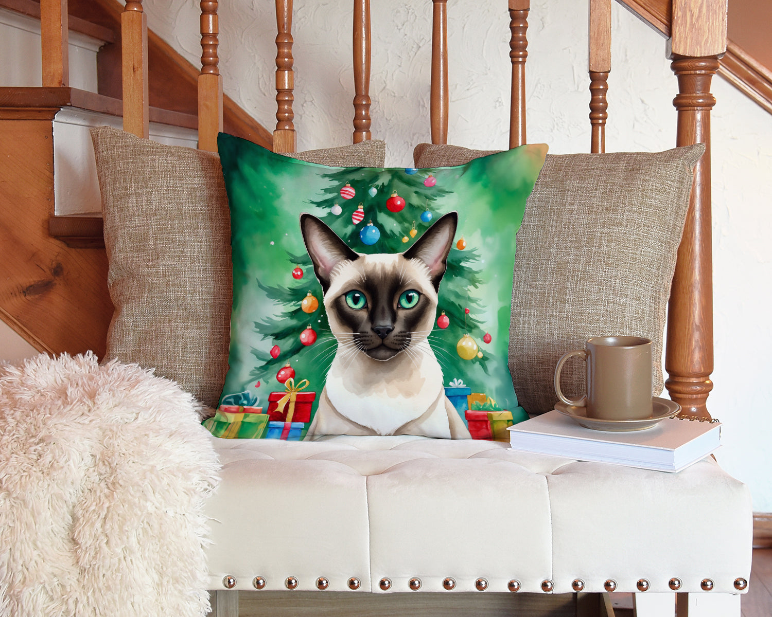 Colorpoint Shorthair Cat By the Christmas Tree Throw Pillow