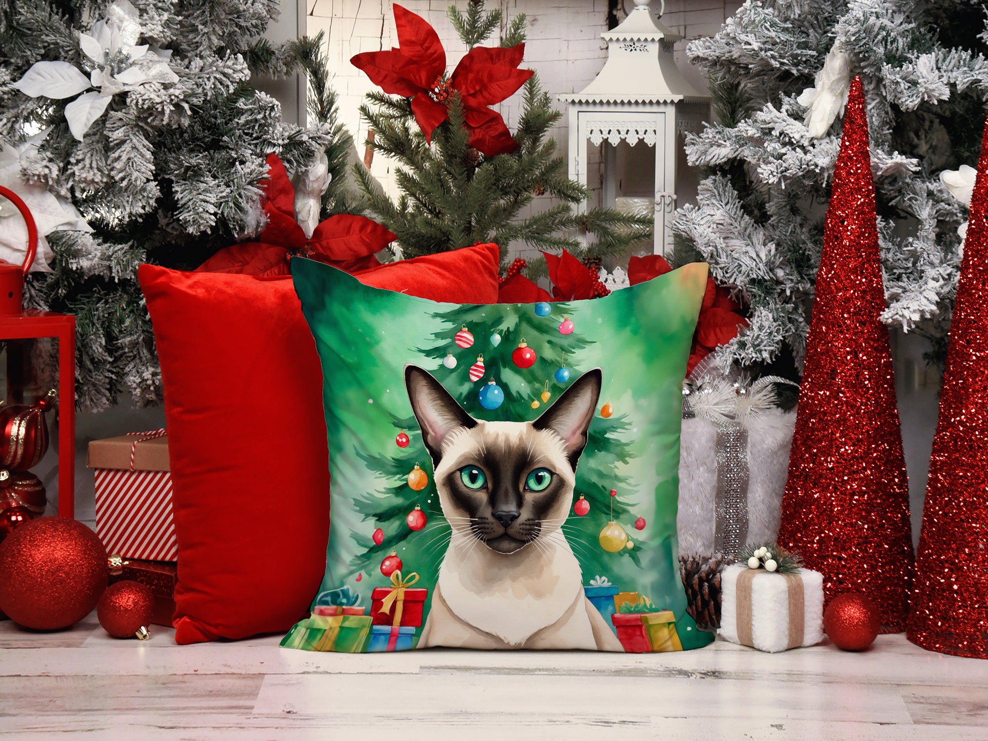 Buy this Colorpoint Shorthair Cat By the Christmas Tree Throw Pillow