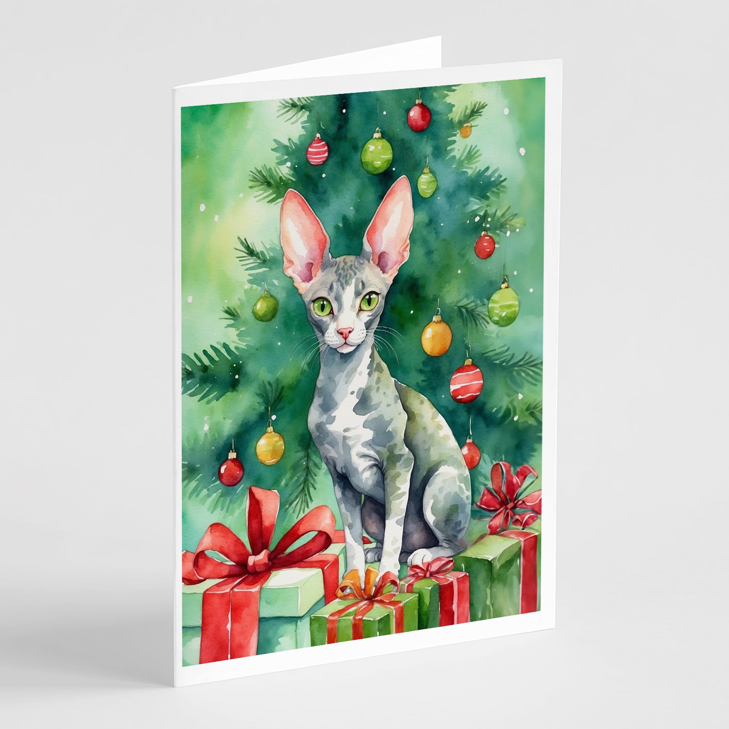 Buy this Cornish Rex Cat By the Christmas Tree Greeting Cards Pack of 8