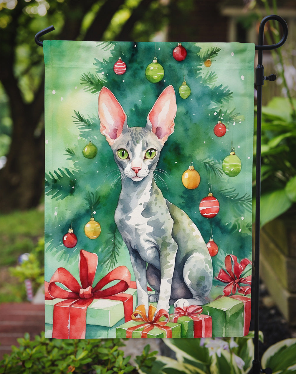 Cornish Rex Cat By the Christmas Tree Garden Flag