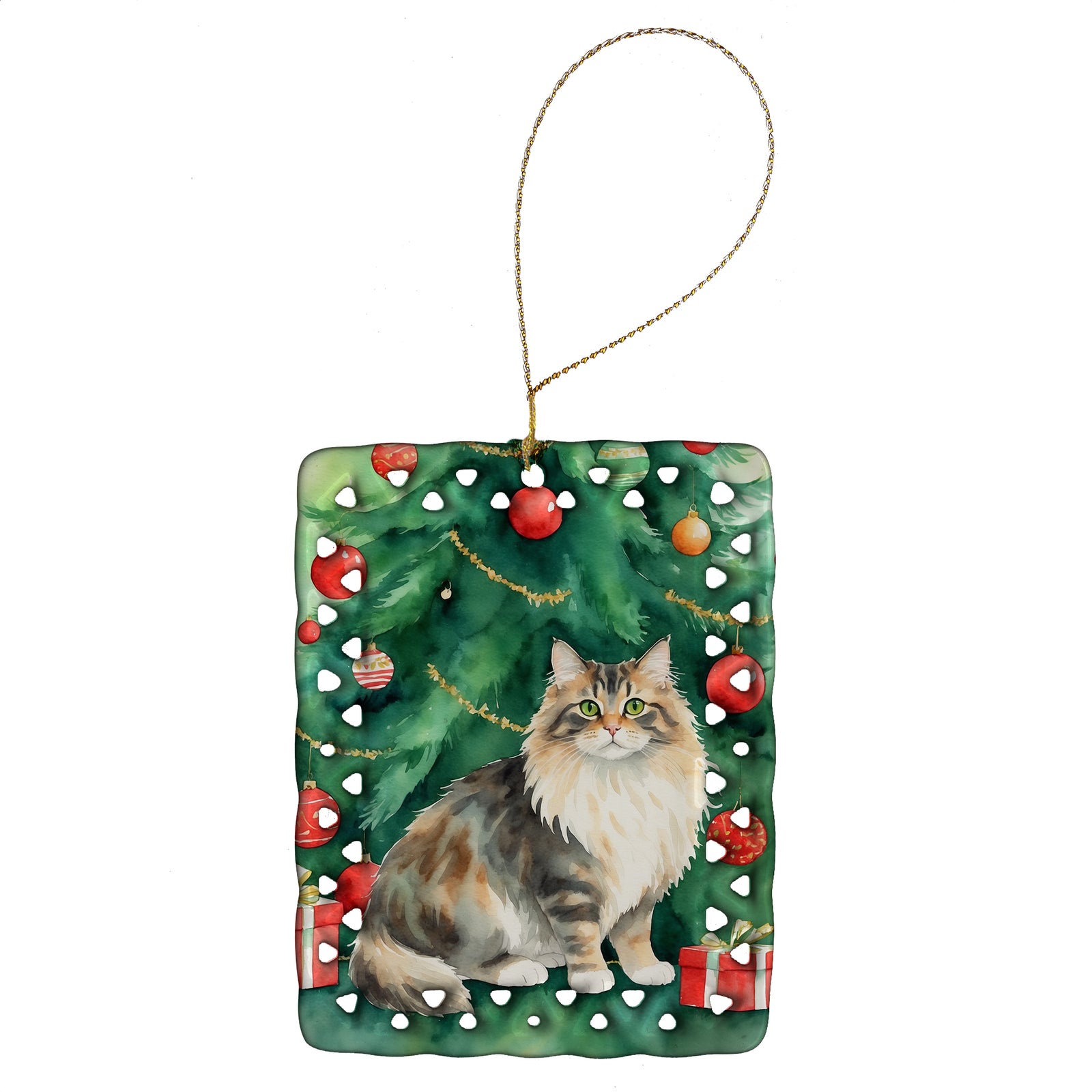 Buy this Cymric Cat By the Christmas Tree Porcelain Ornament