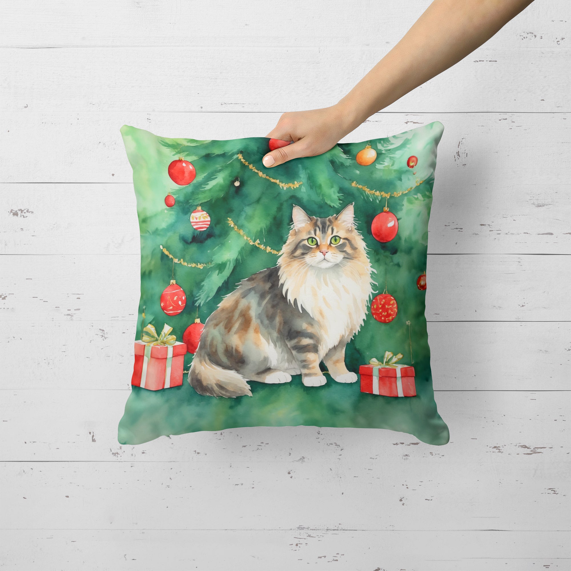 Cymric Cat By the Christmas Tree Throw Pillow