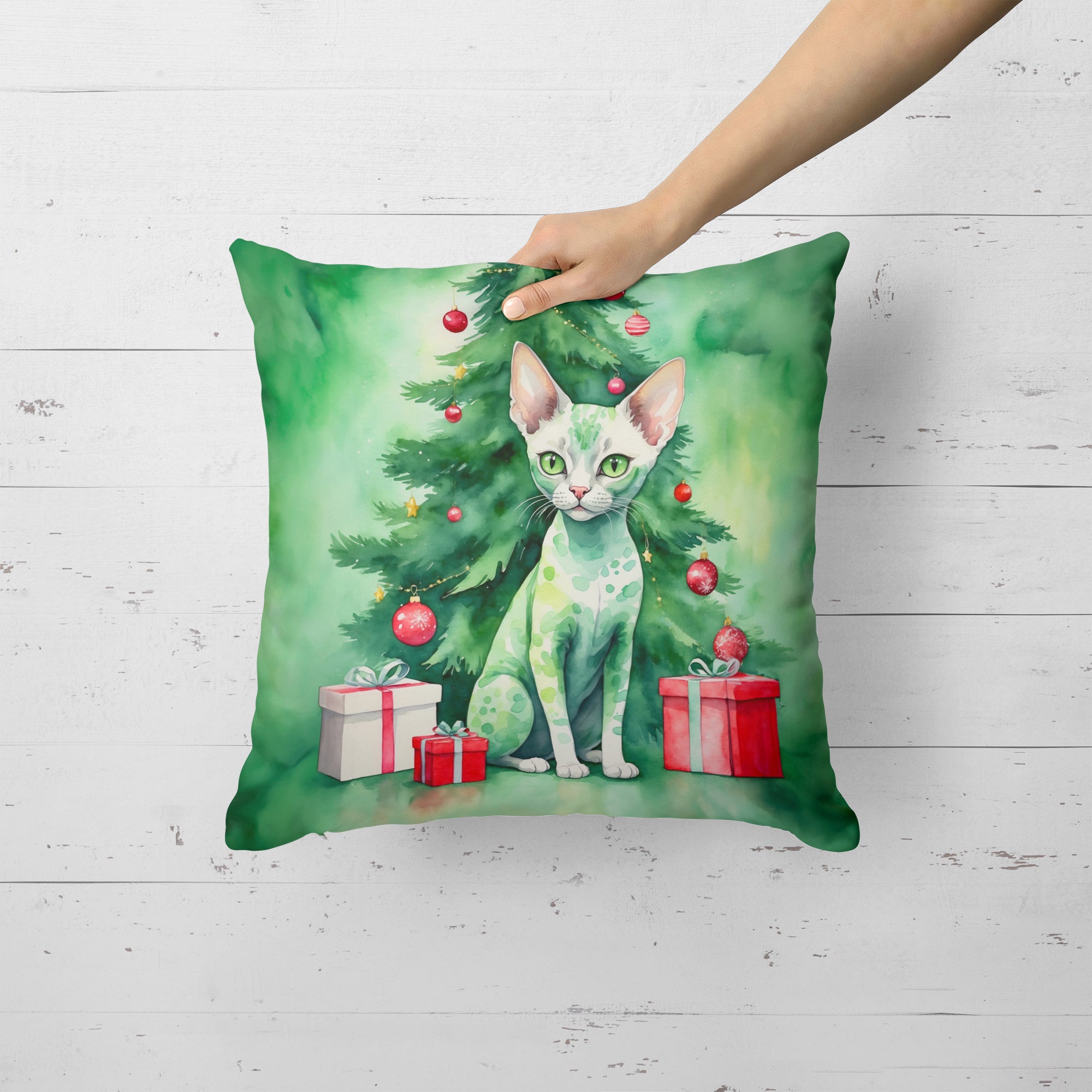 Devon Rex Cat By the Christmas Tree Throw Pillow