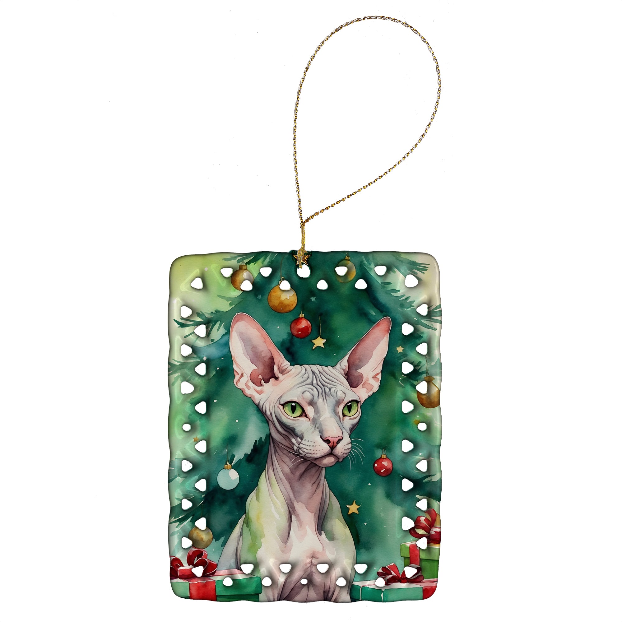 Buy this Donskoy Don Sphynx Cat By the Christmas Tree Porcelain Ornament