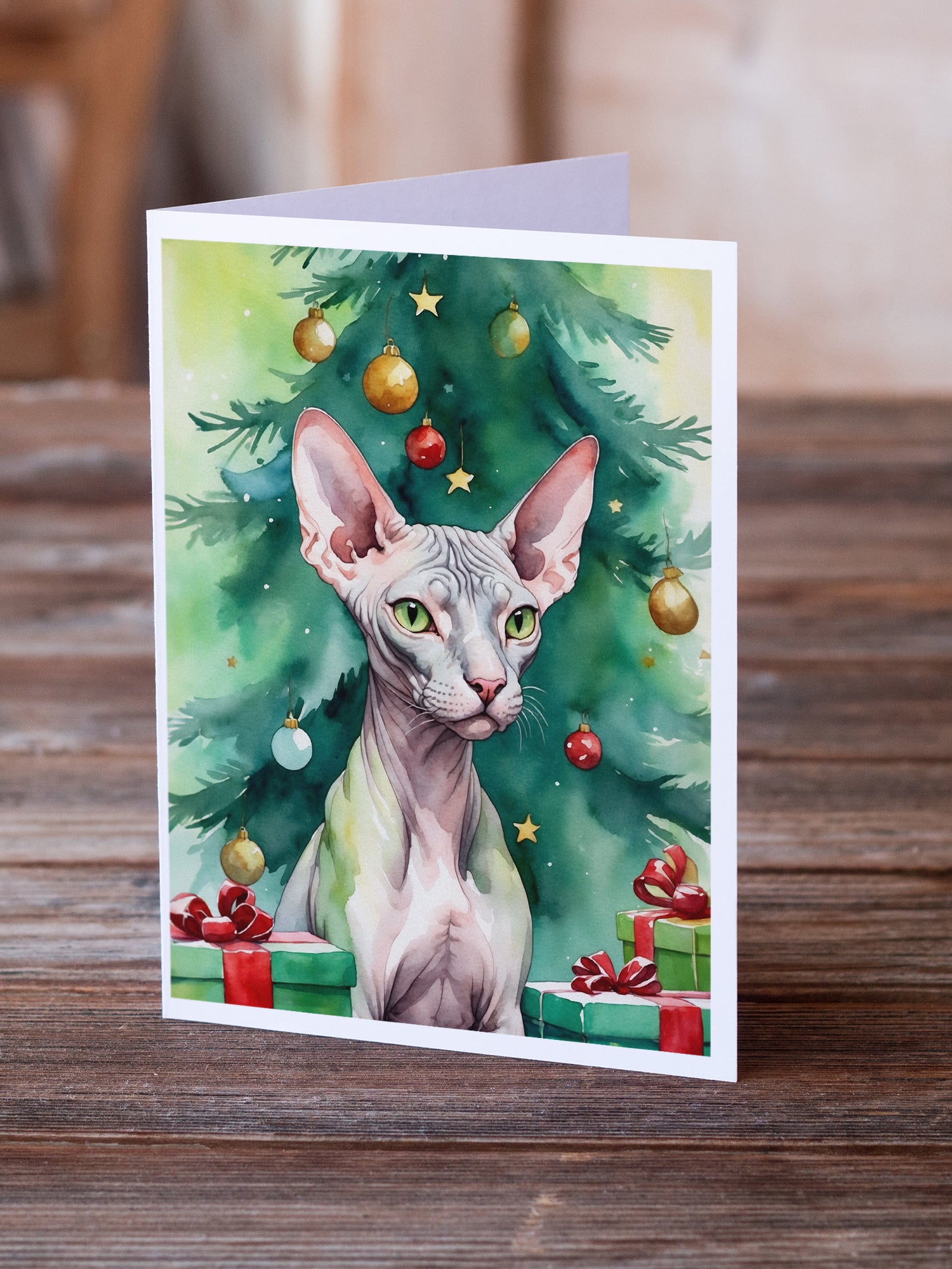 Buy this Donskoy Don Sphynx Cat By the Christmas Tree Greeting Cards Pack of 8