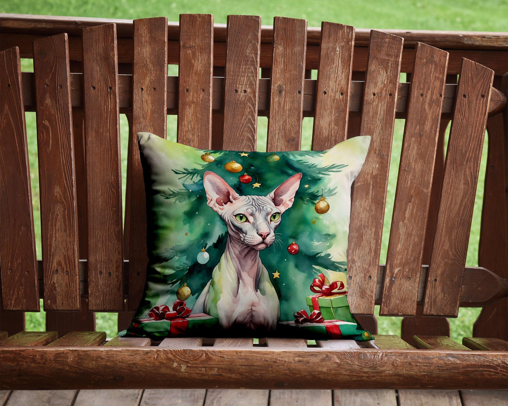 Buy this Donskoy Don Sphynx Cat By the Christmas Tree Throw Pillow