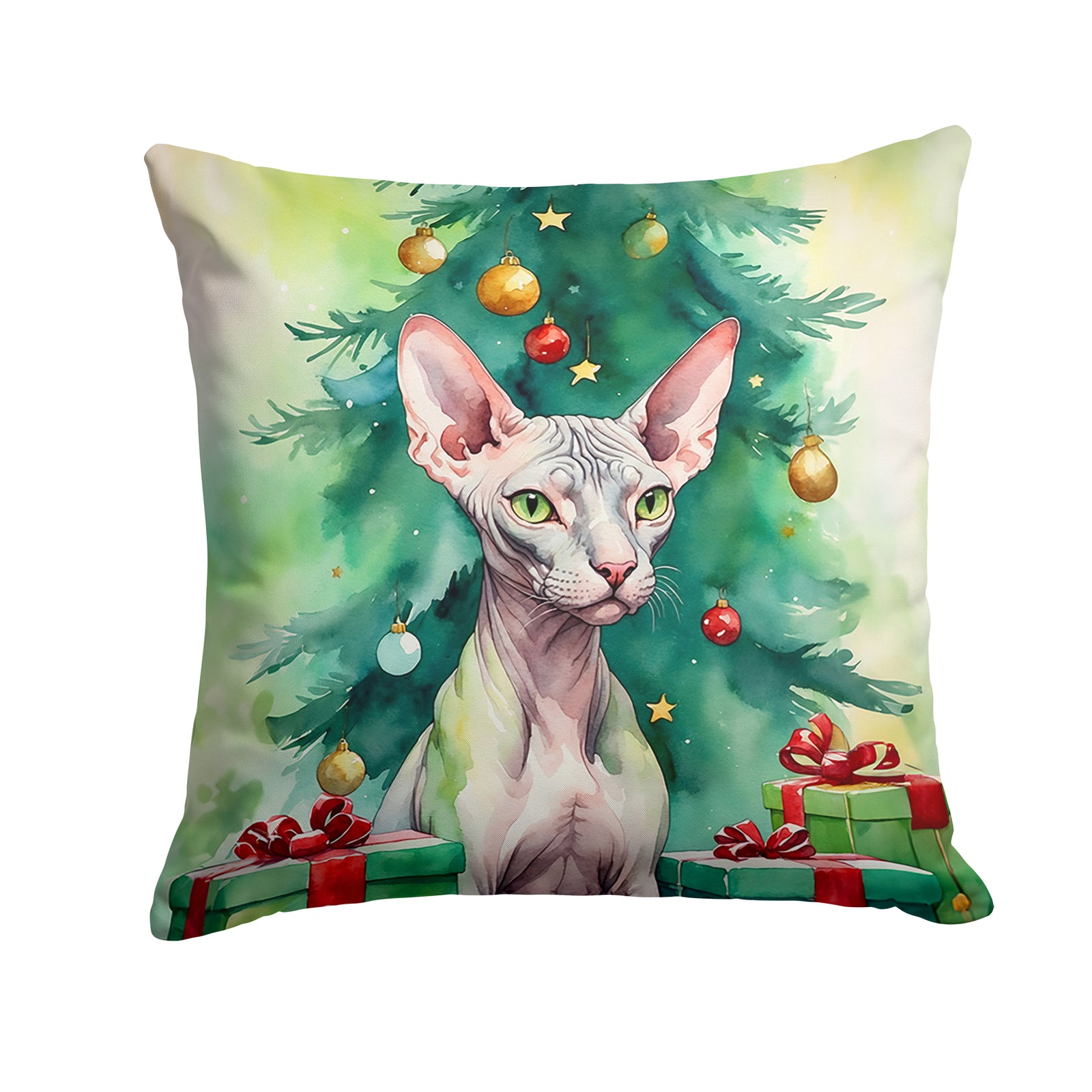 Buy this Donskoy Don Sphynx Cat By the Christmas Tree Throw Pillow