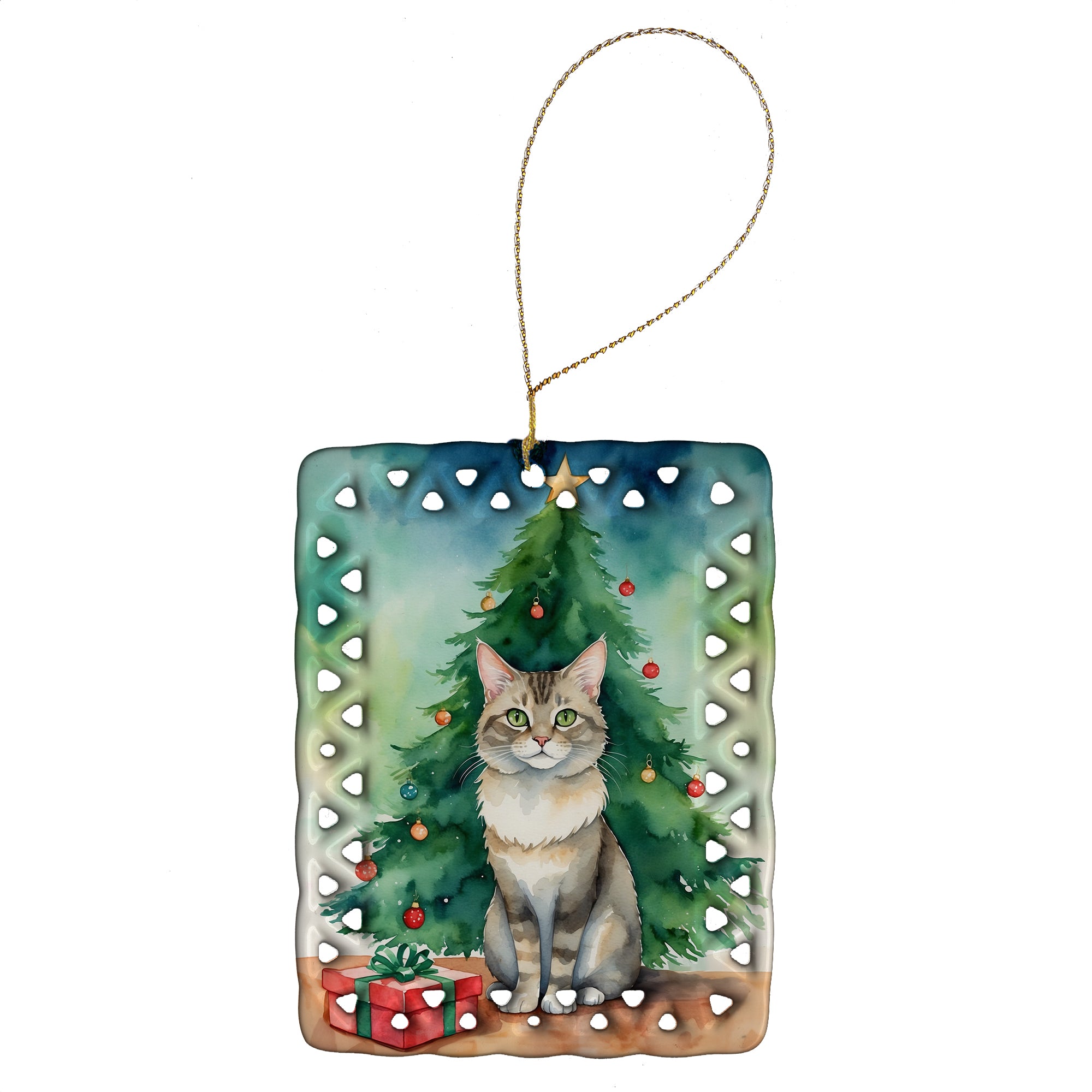 Buy this Dwelf Cat By the Christmas Tree Porcelain Ornament