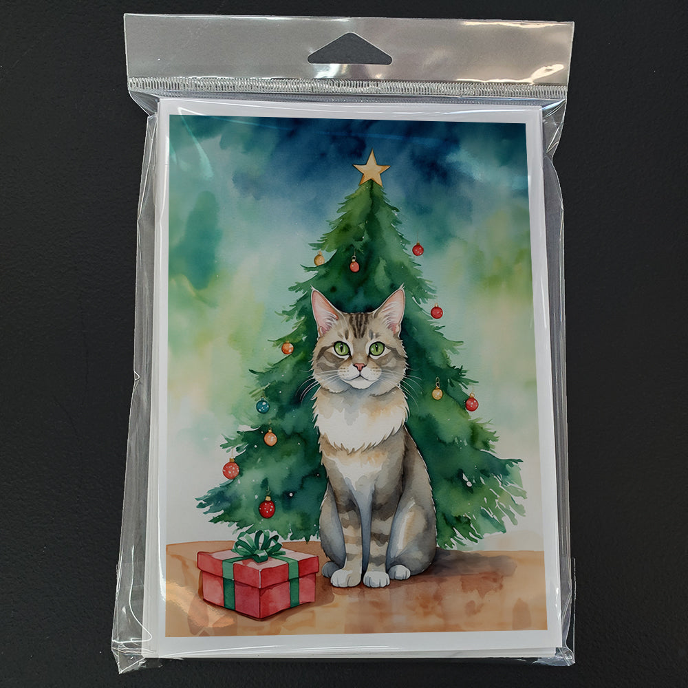 Dwelf Cat By the Christmas Tree Greeting Cards Pack of 8