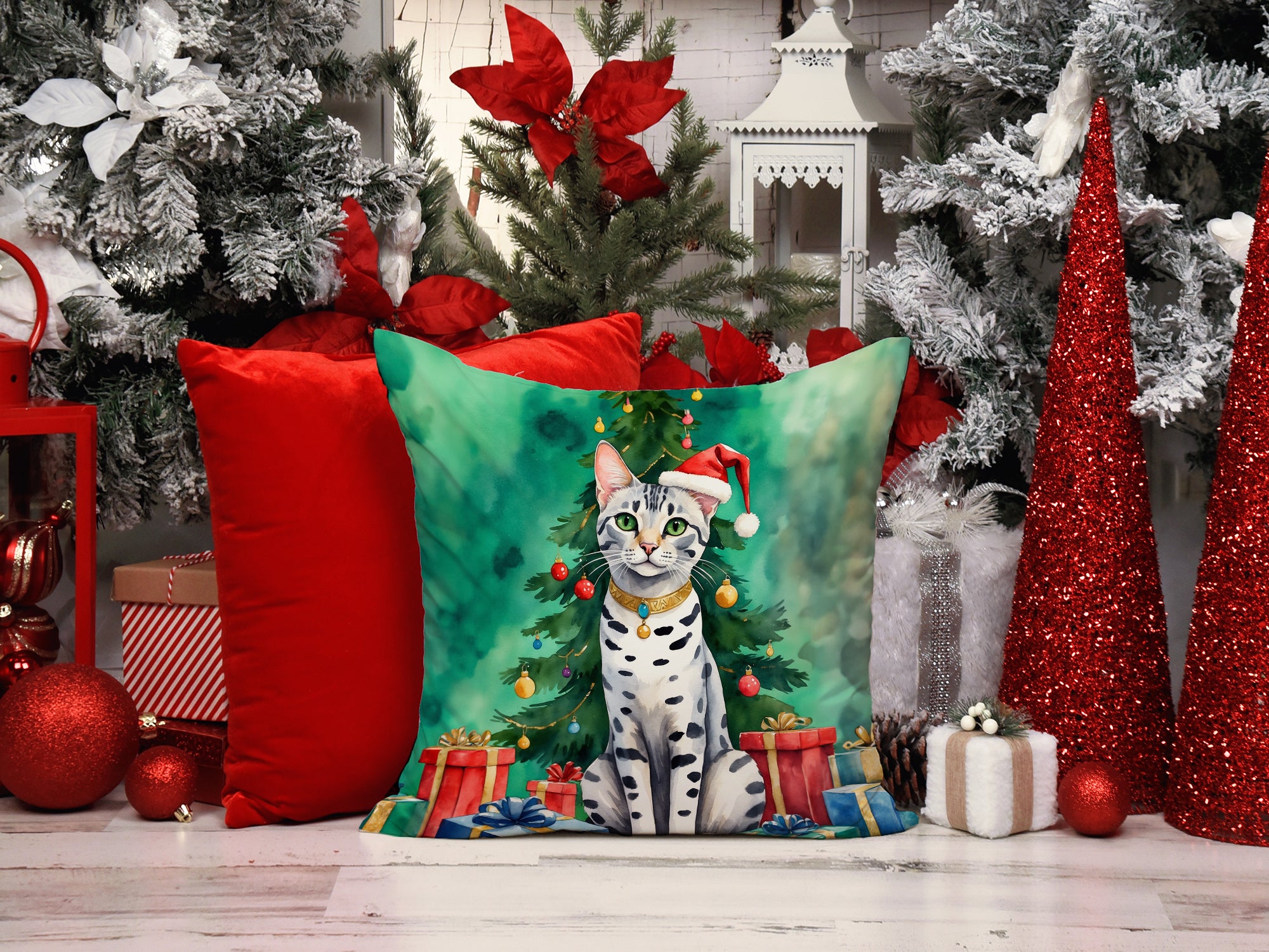 Egyptian Mau Cat By the Christmas Tree Throw Pillow