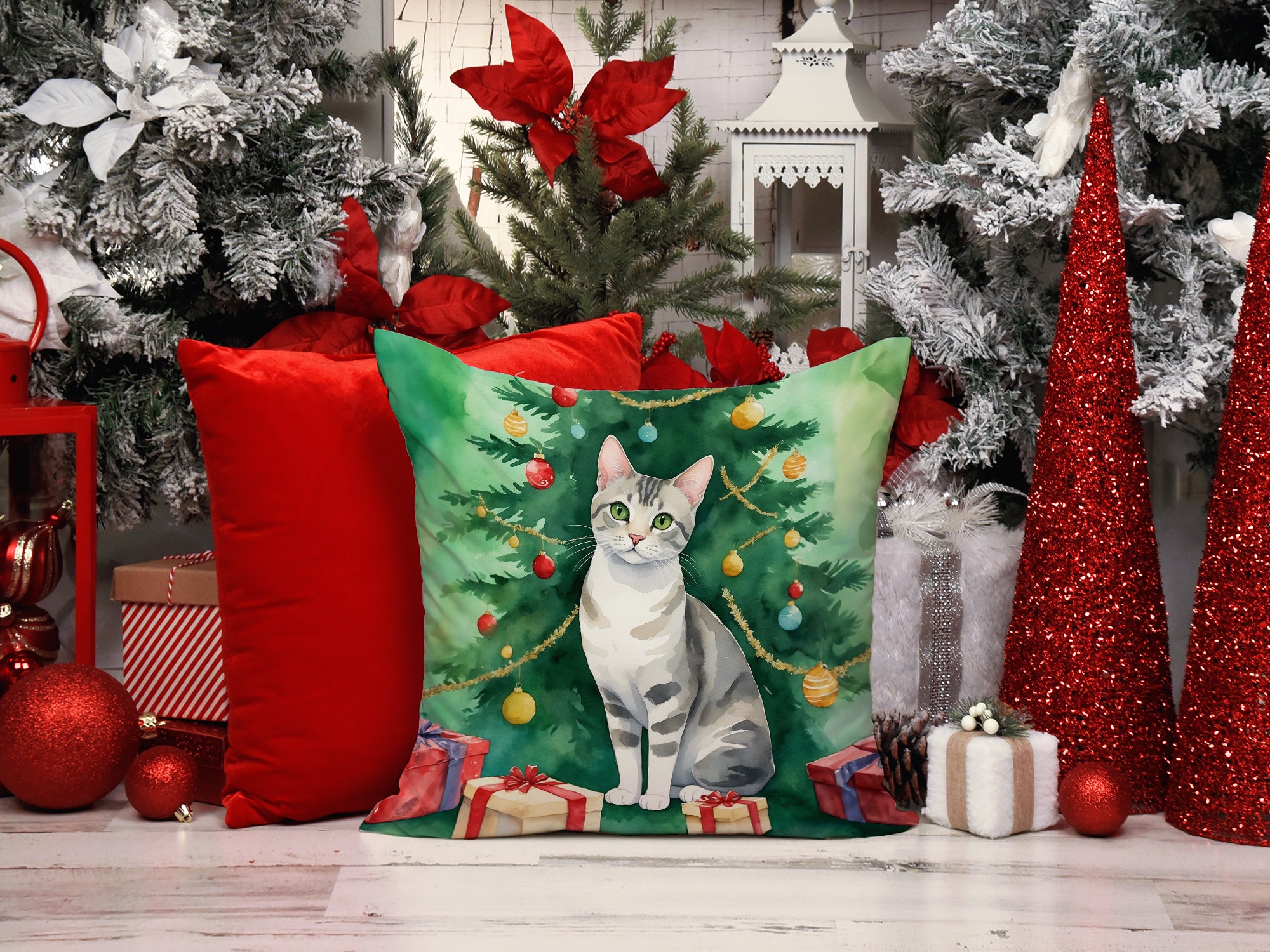 Buy this European Shorthair Cat By the Christmas Tree Throw Pillow