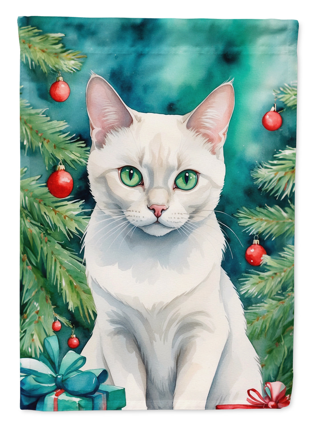 Buy this Foreign White Cat By the Christmas Tree House Flag