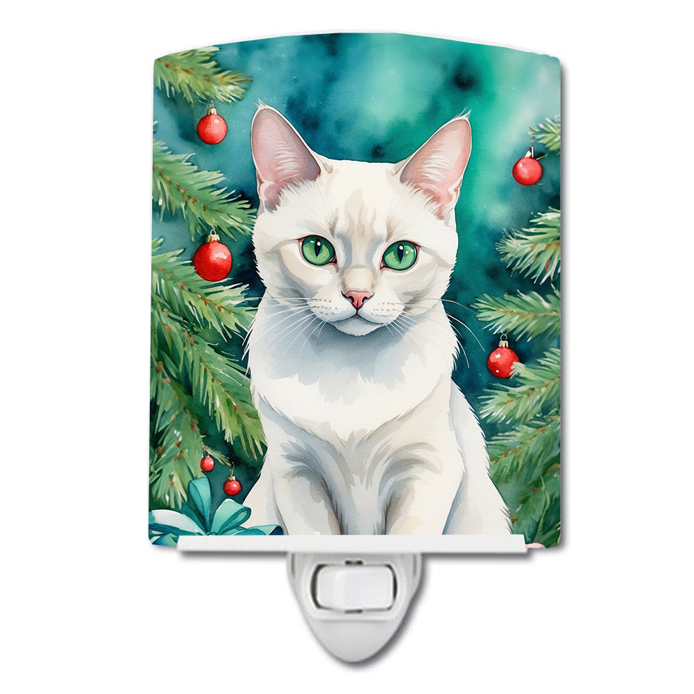 Buy this Foreign White Cat By the Christmas Tree Ceramic Night Light