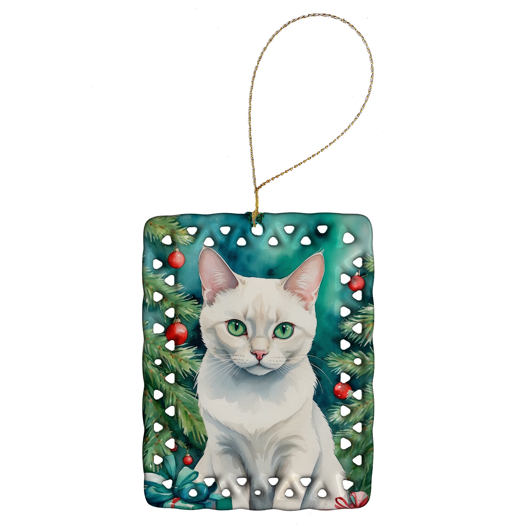 Buy this Foreign White Cat By the Christmas Tree Porcelain Ornament