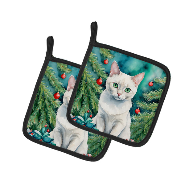 Buy this Foreign White Cat By the Christmas Tree Pair of Pot Holders