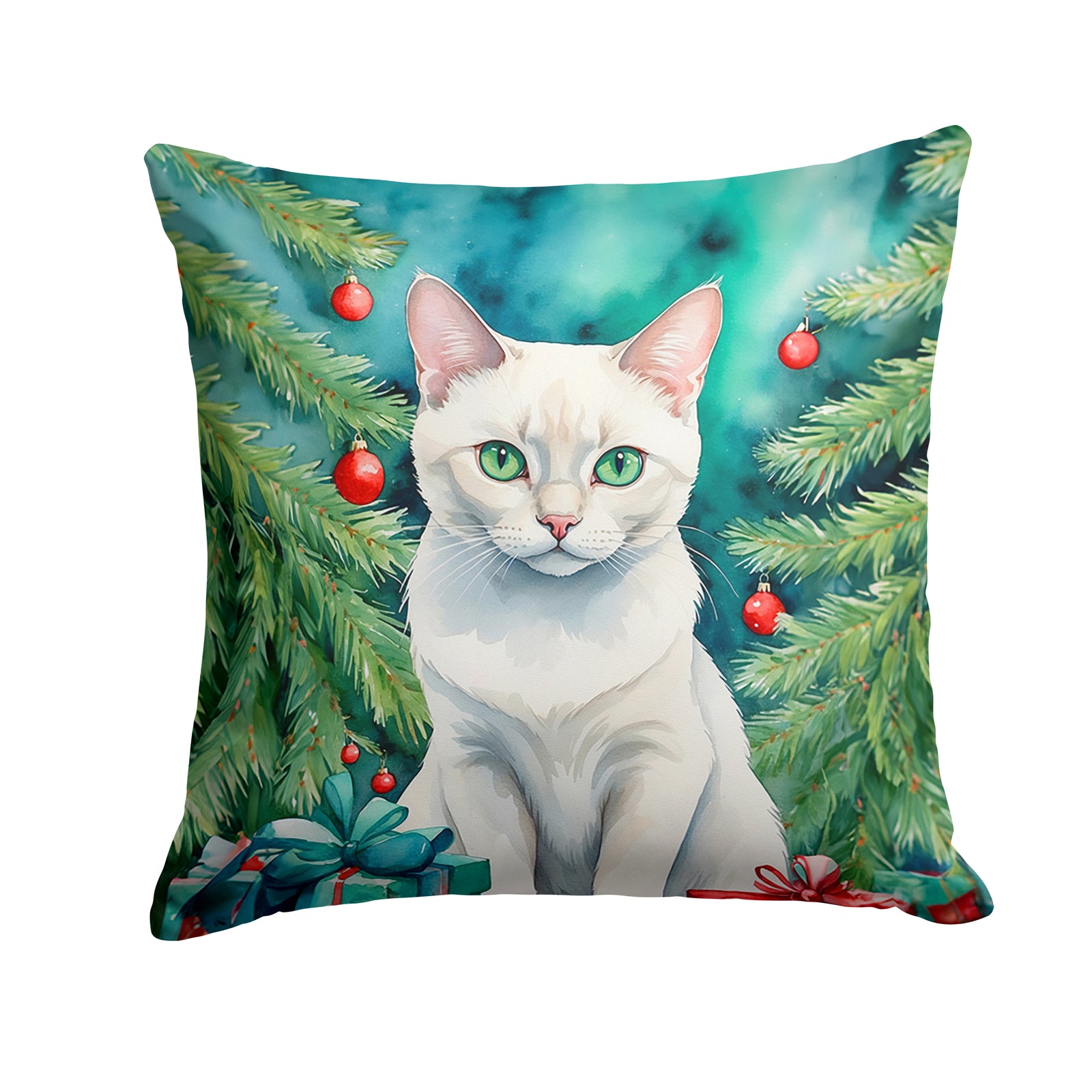 Buy this Foreign White Cat By the Christmas Tree Throw Pillow