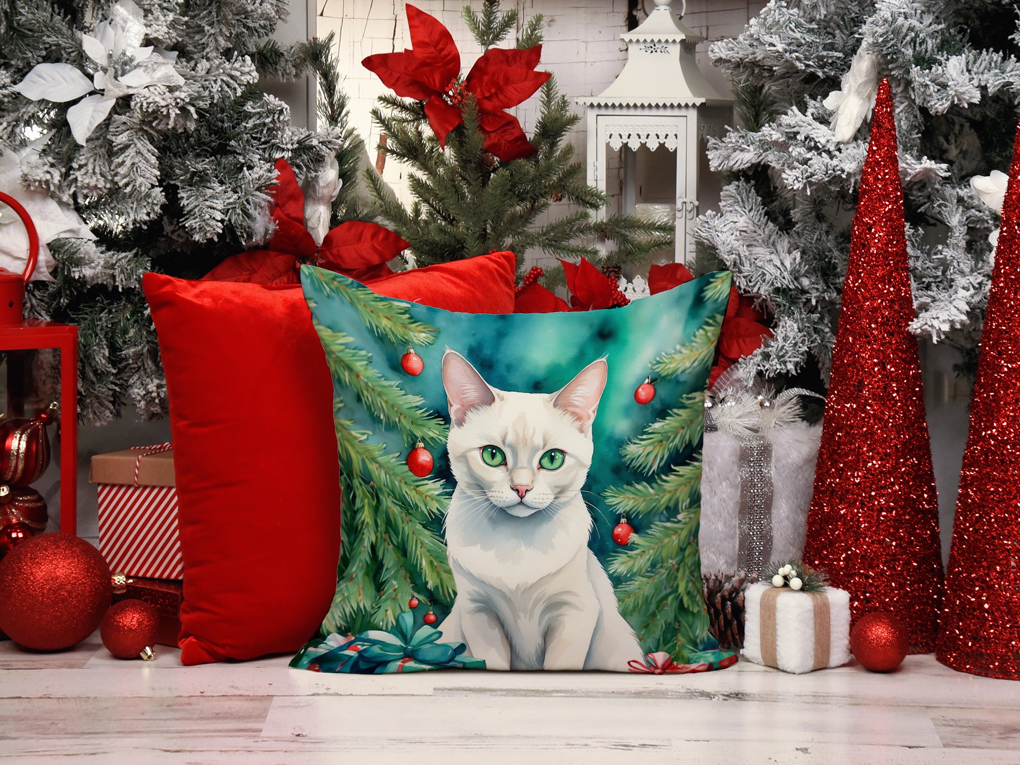 Buy this Foreign White Cat By the Christmas Tree Throw Pillow