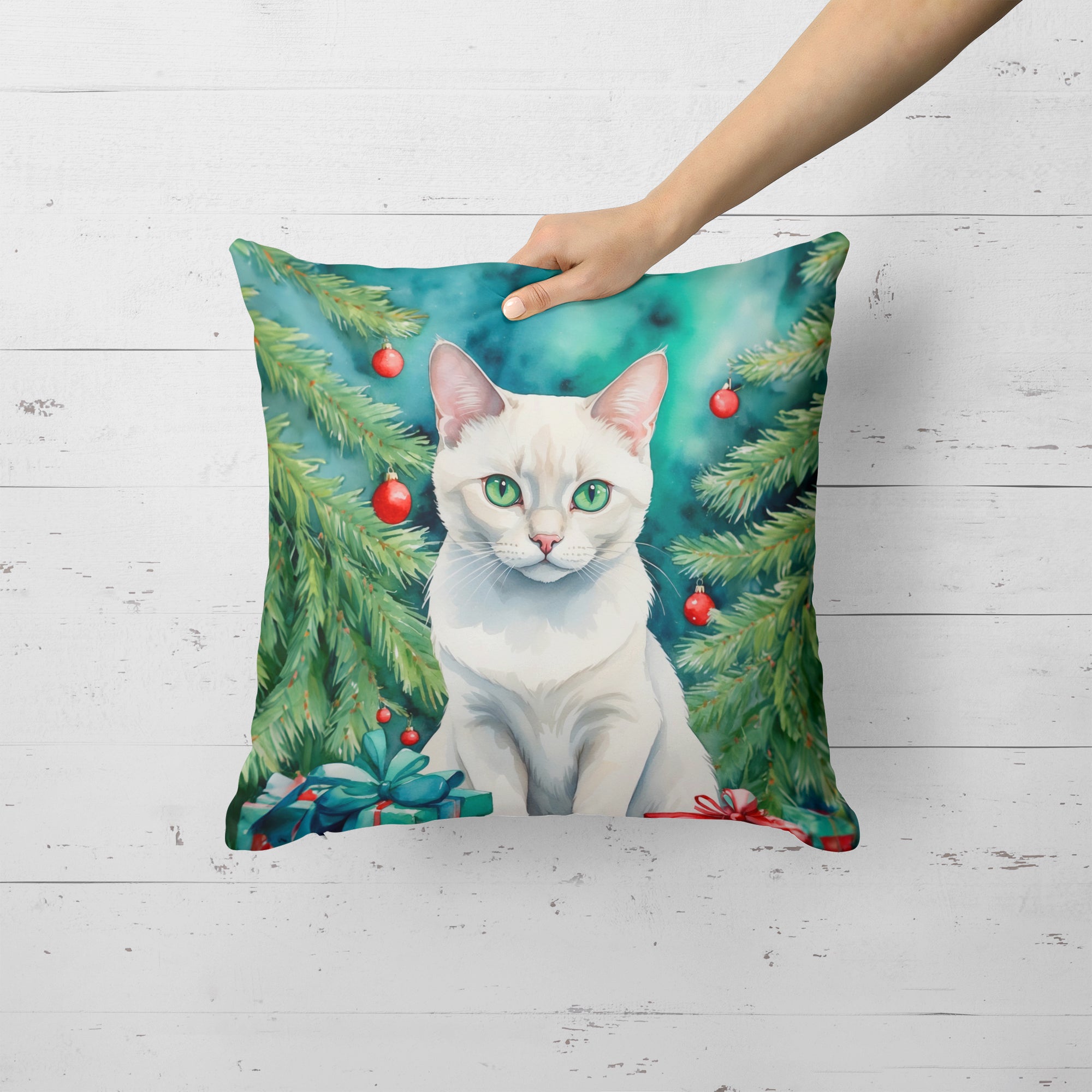 Foreign White Cat By the Christmas Tree Throw Pillow