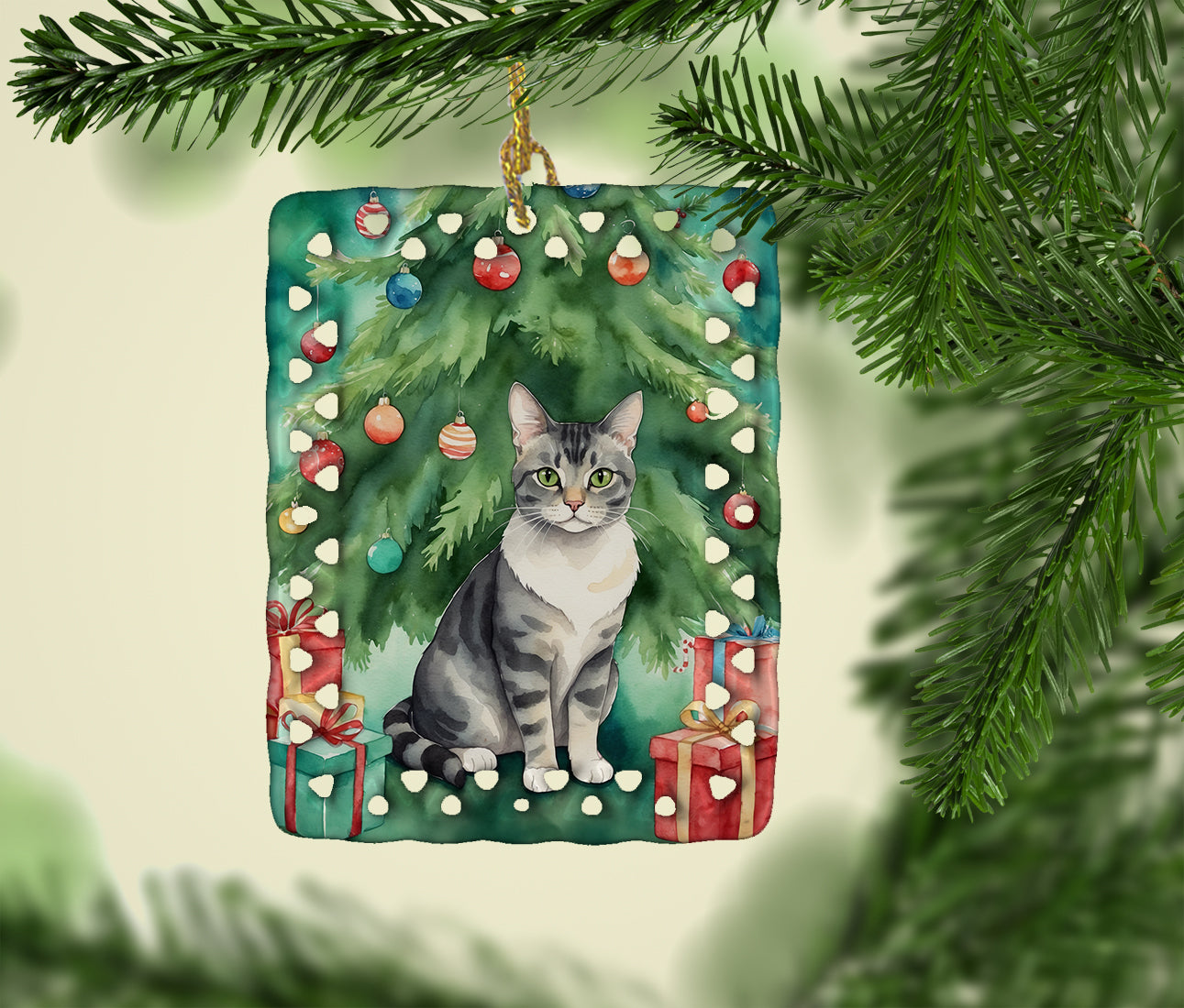 Buy this German Rex Cat By the Christmas Tree Porcelain Ornament