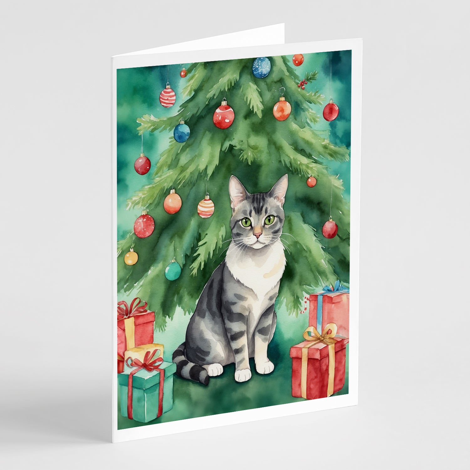 Buy this German Rex Cat By the Christmas Tree Greeting Cards Pack of 8