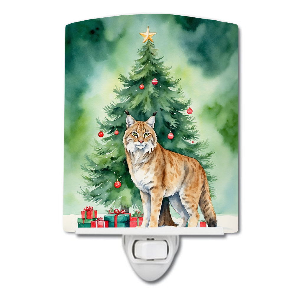 Buy this Highlander Lynx Cat By the Christmas Tree Ceramic Night Light