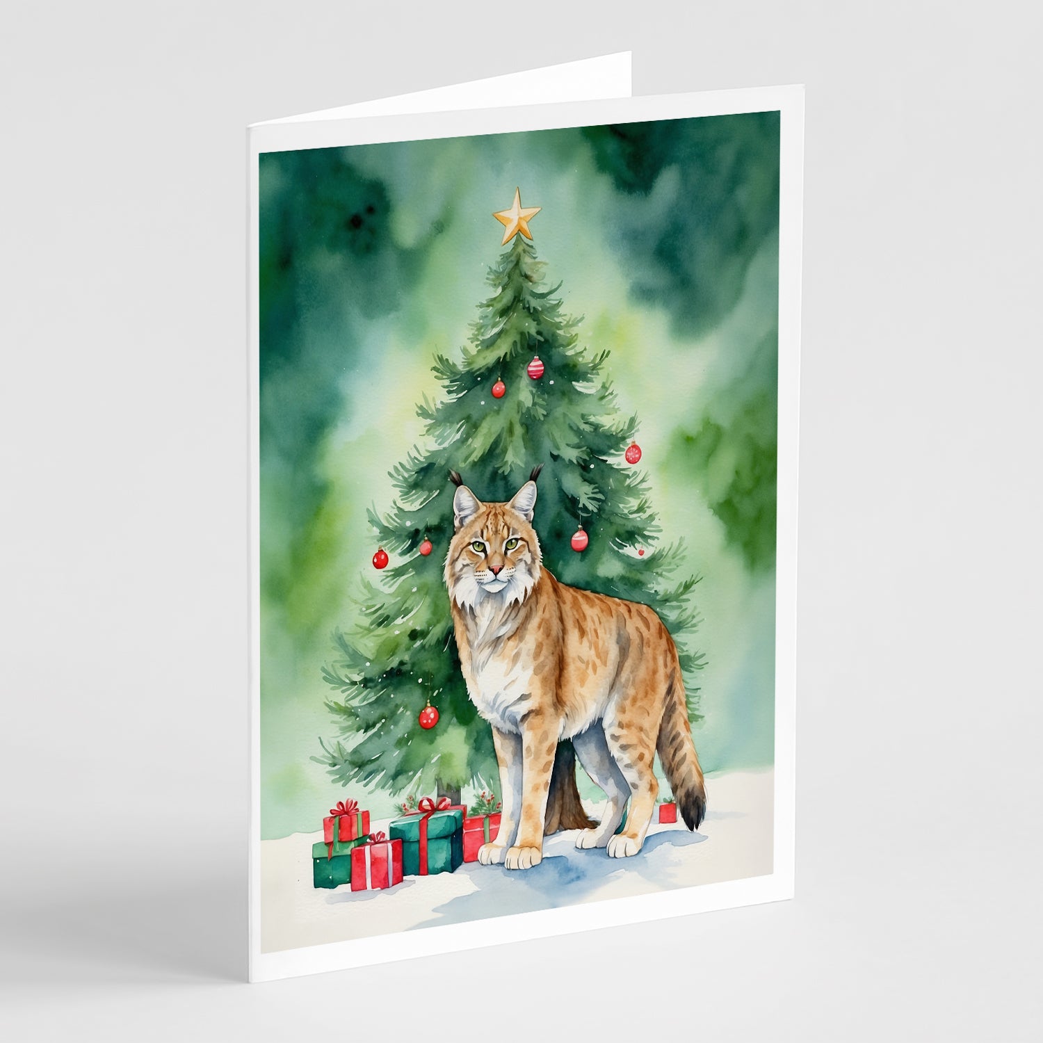 Buy this Highlander Lynx Cat By the Christmas Tree Greeting Cards Pack of 8