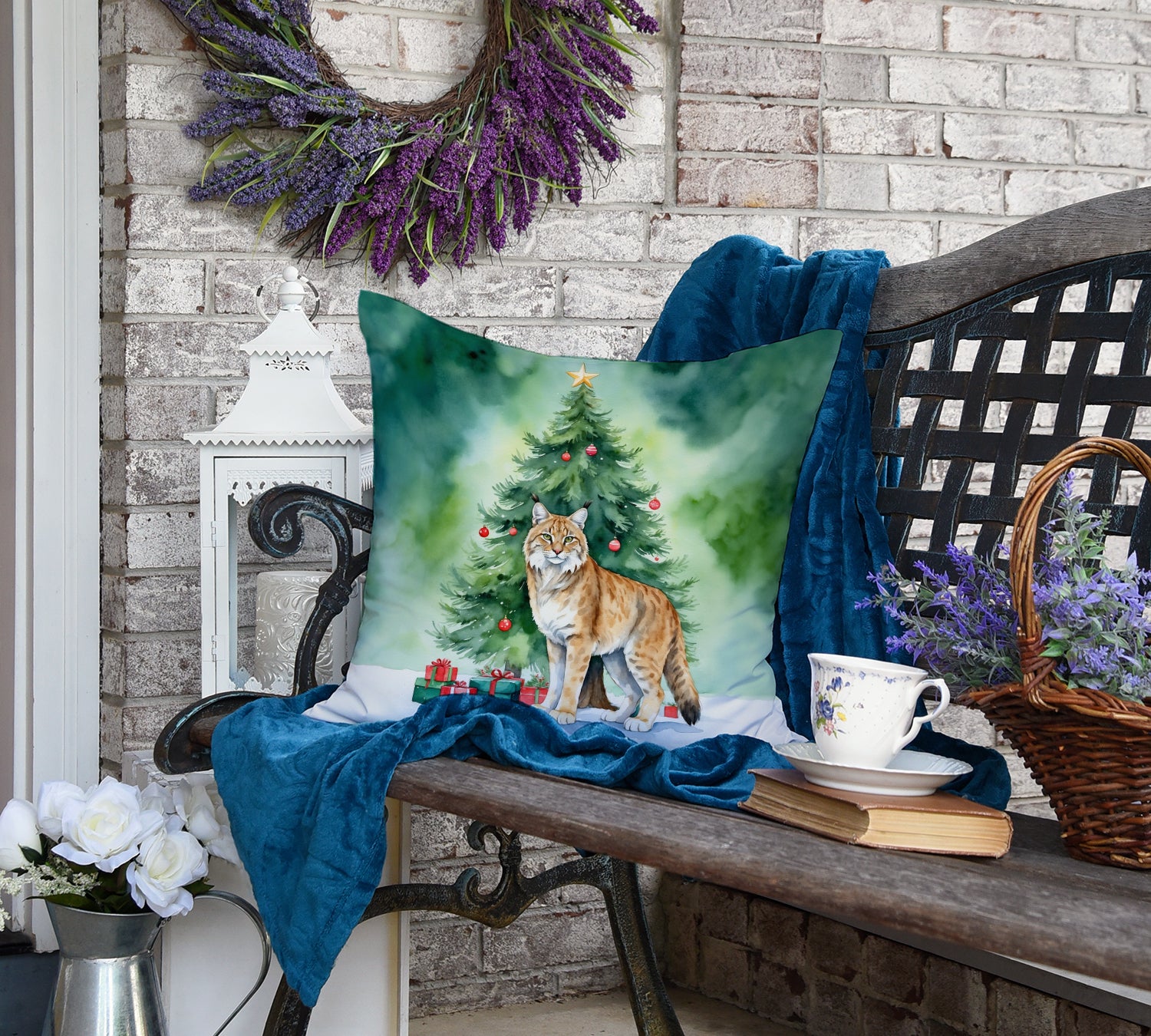 Highlander Lynx Cat By the Christmas Tree Throw Pillow