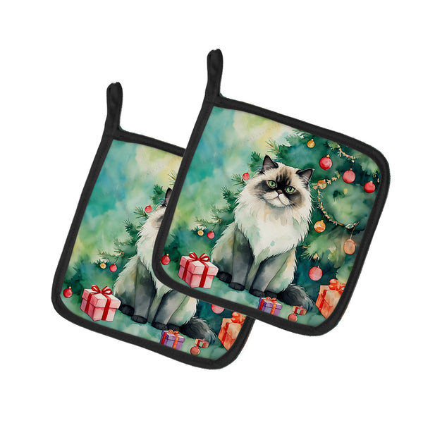 Buy this Himalayan Cat By the Christmas Tree Pair of Pot Holders