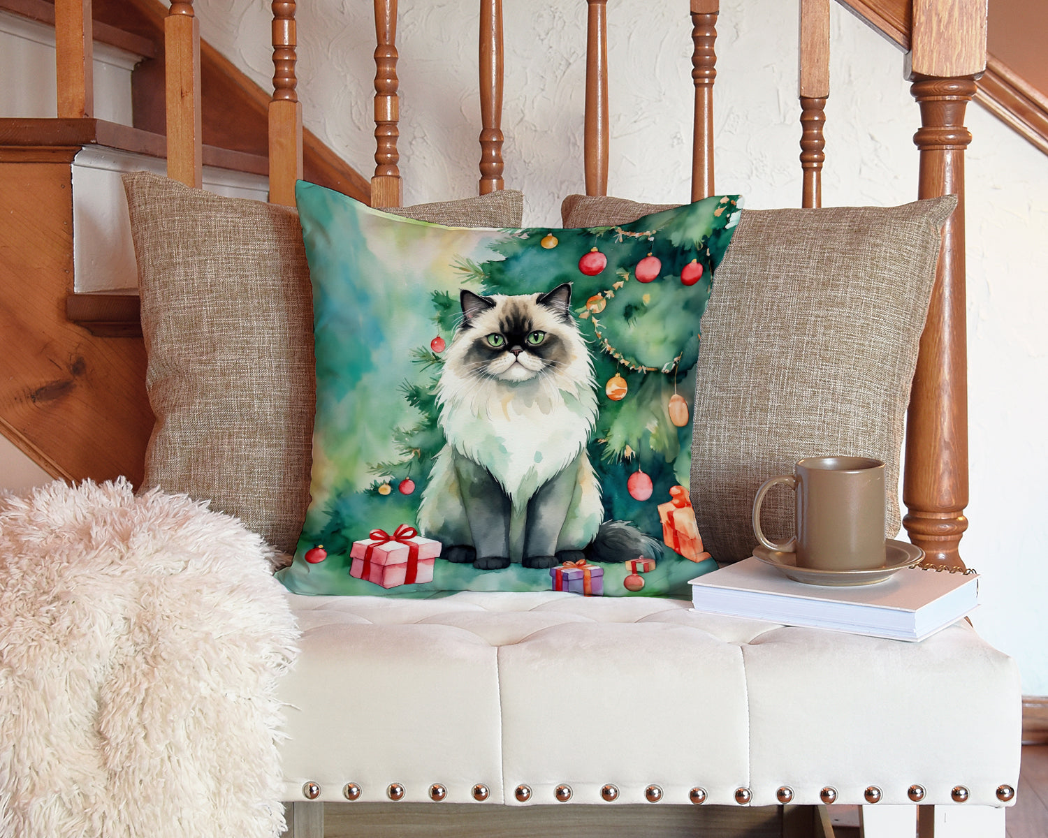 Himalayan Cat By the Christmas Tree Throw Pillow